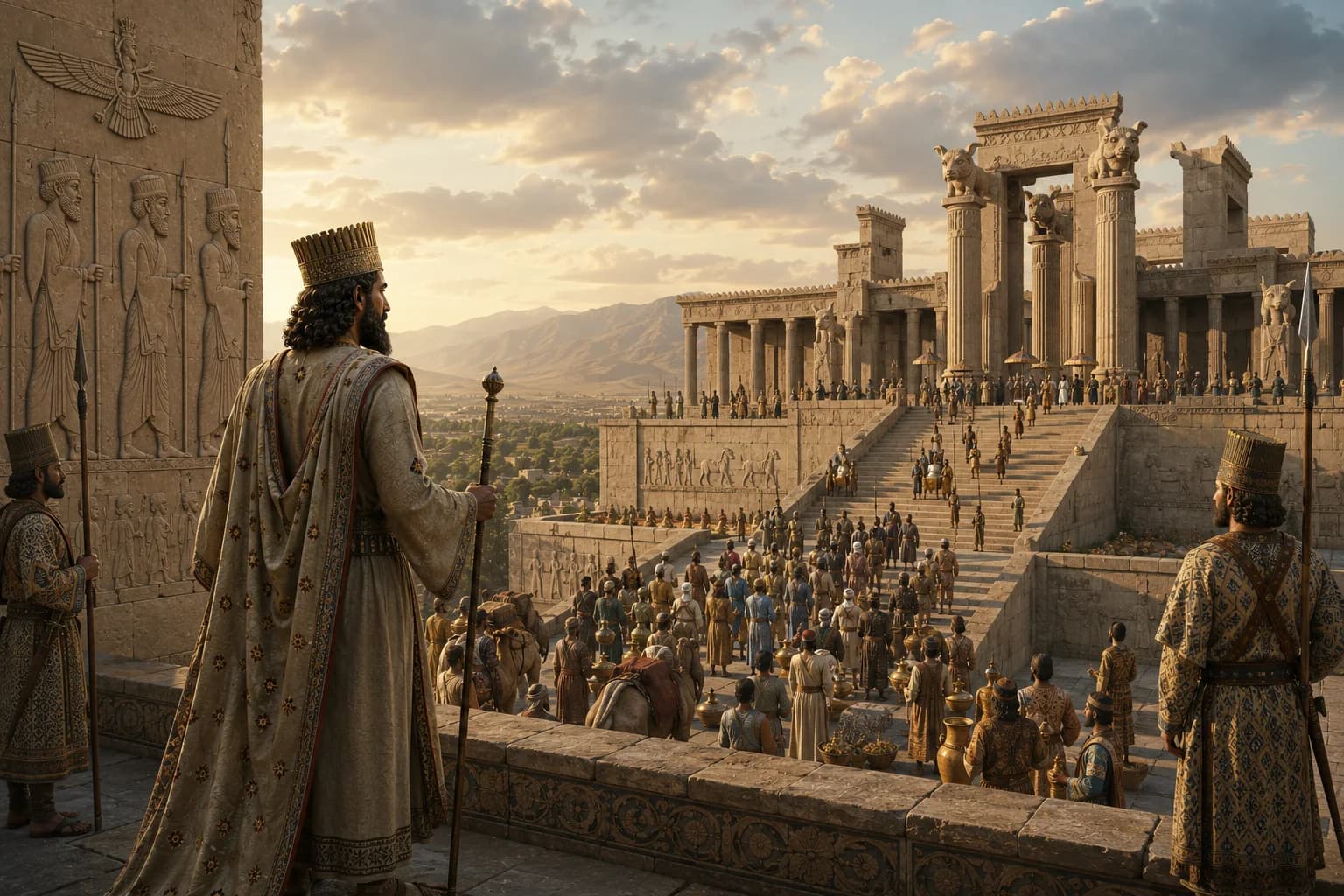 A Persian royal figure overlooking a monumental palace terrace with carved reliefs, columns, guards, and gathered subjects