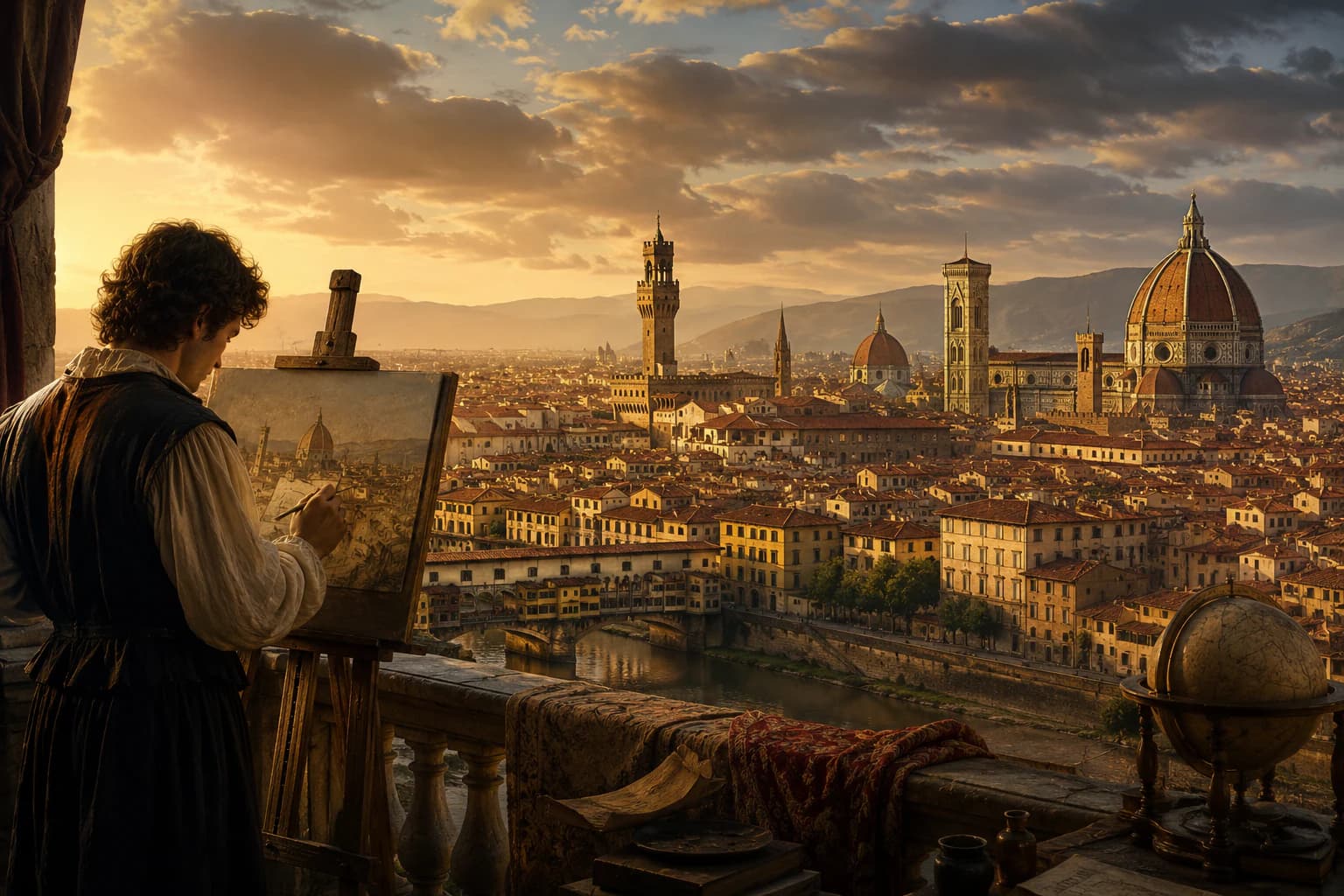 Renaissance scholars and artists in an Italian city, surrounded by books, architecture, and scientific instruments.