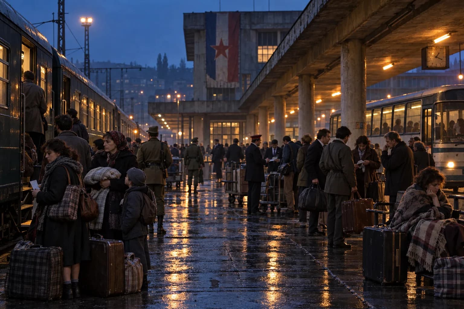 Passengers with suitcases wait under station lights at an early-1990s Yugoslav rail and bus terminal as the shared country begins to fracture.