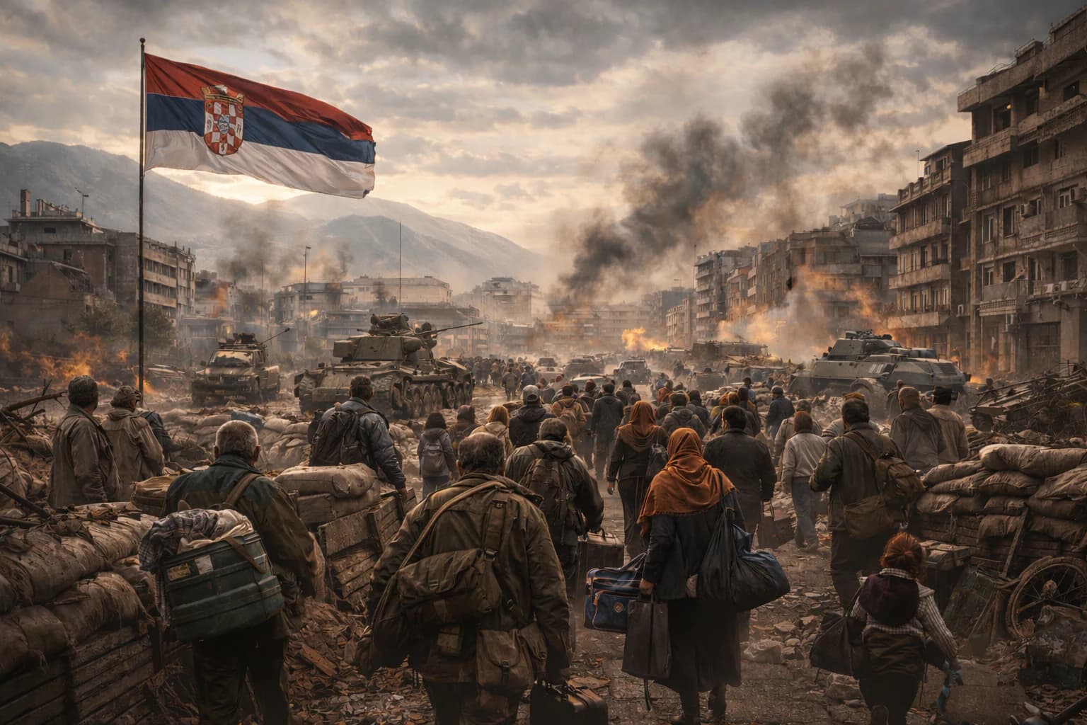 Civilians fleeing a war-torn Balkan city during the violent breakup of Yugoslavia.