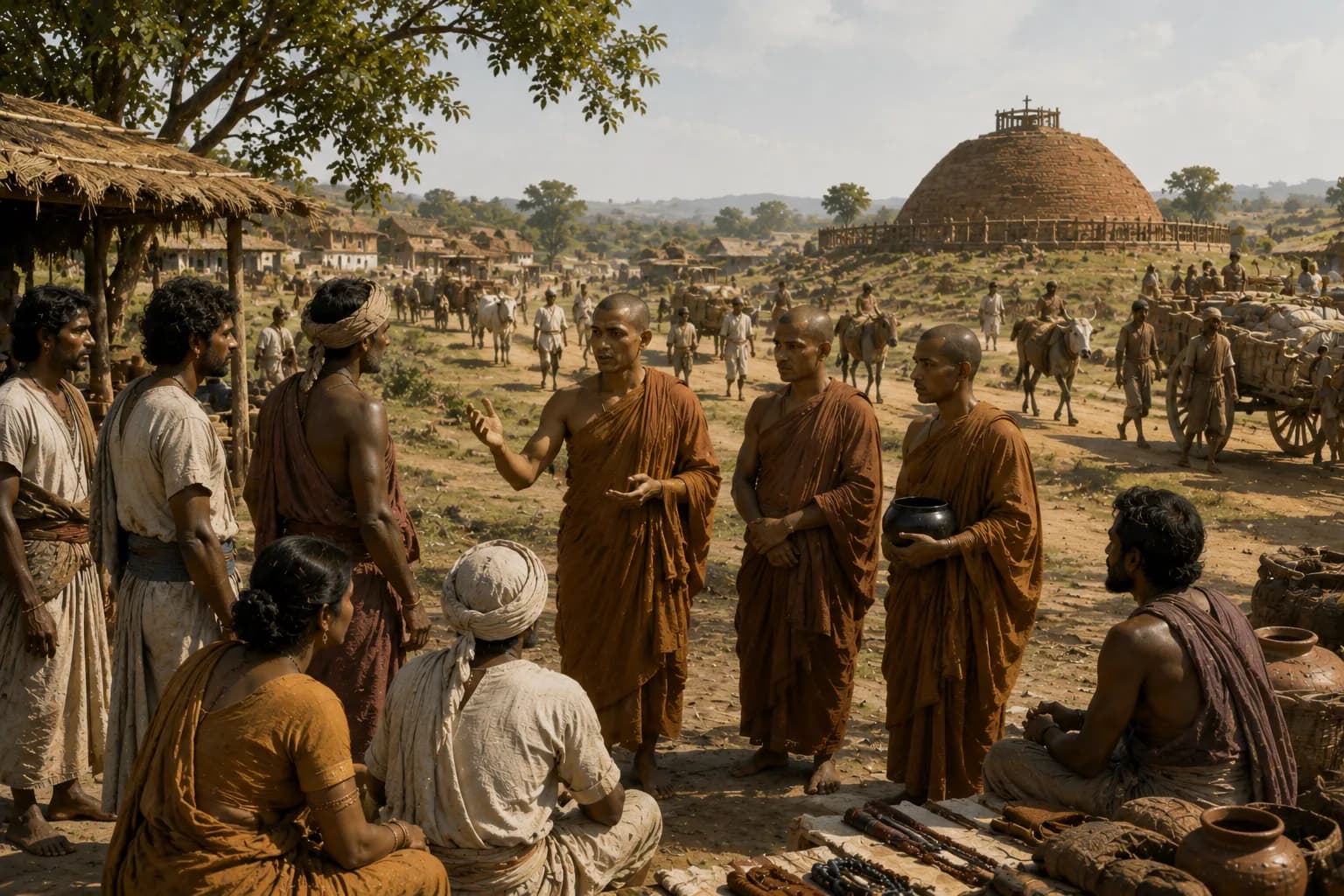 Buddhist monks teaching lay followers near a stupa and trade road in ancient India.