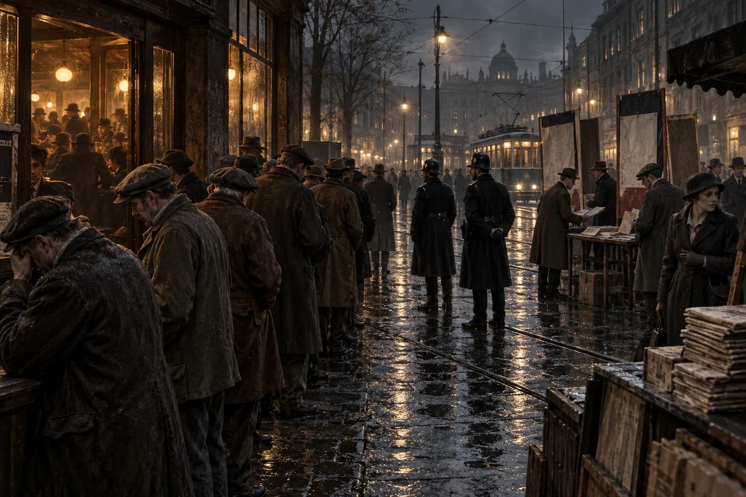 Unemployed workers, police, blank campaign boards, newspapers, and anxious passersby crowd a rain-darkened late-Weimar street.