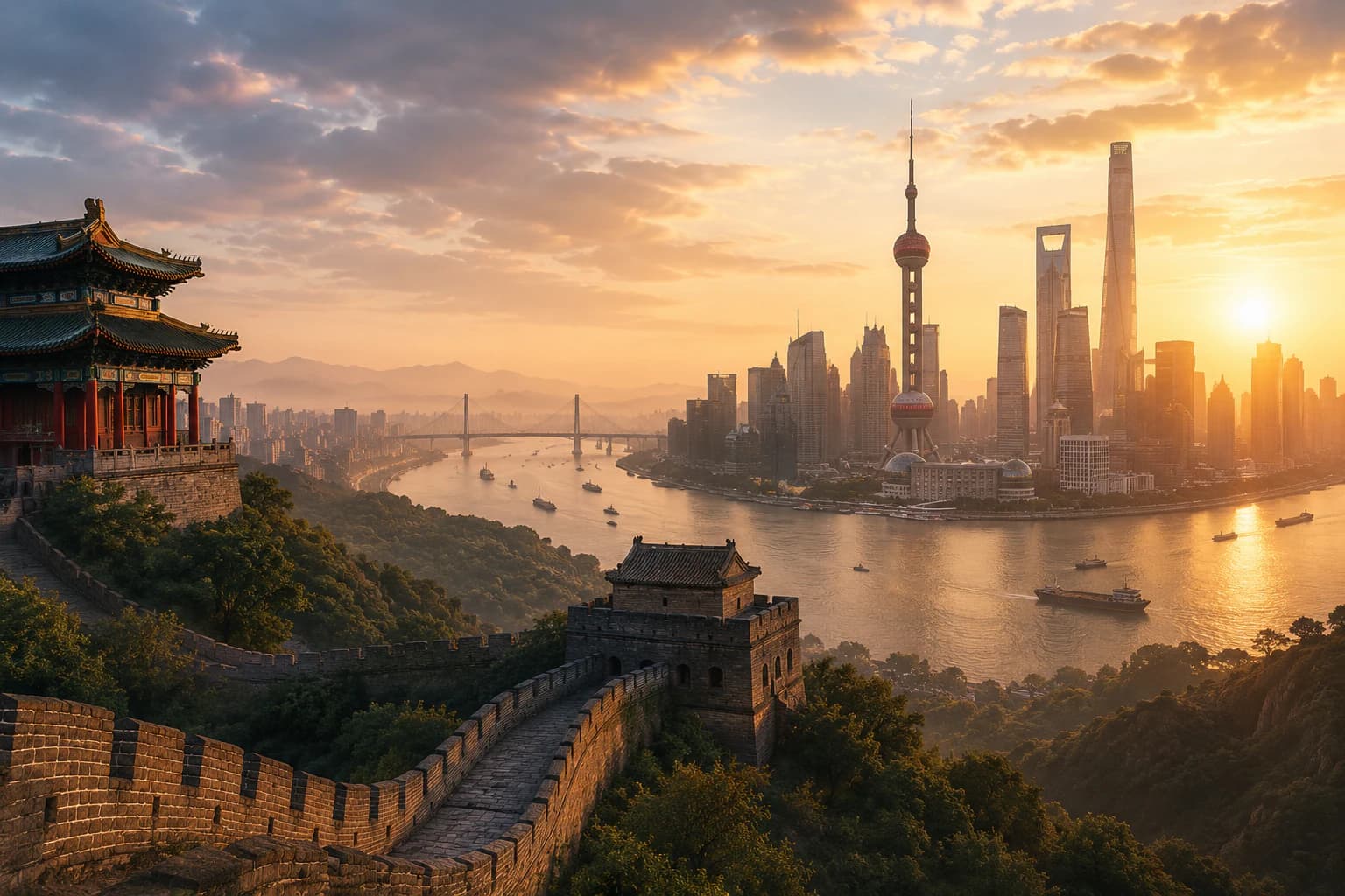 Skylines, cranes, container ports, and party symbolism representing China's rise from post-Mao recovery to global power.