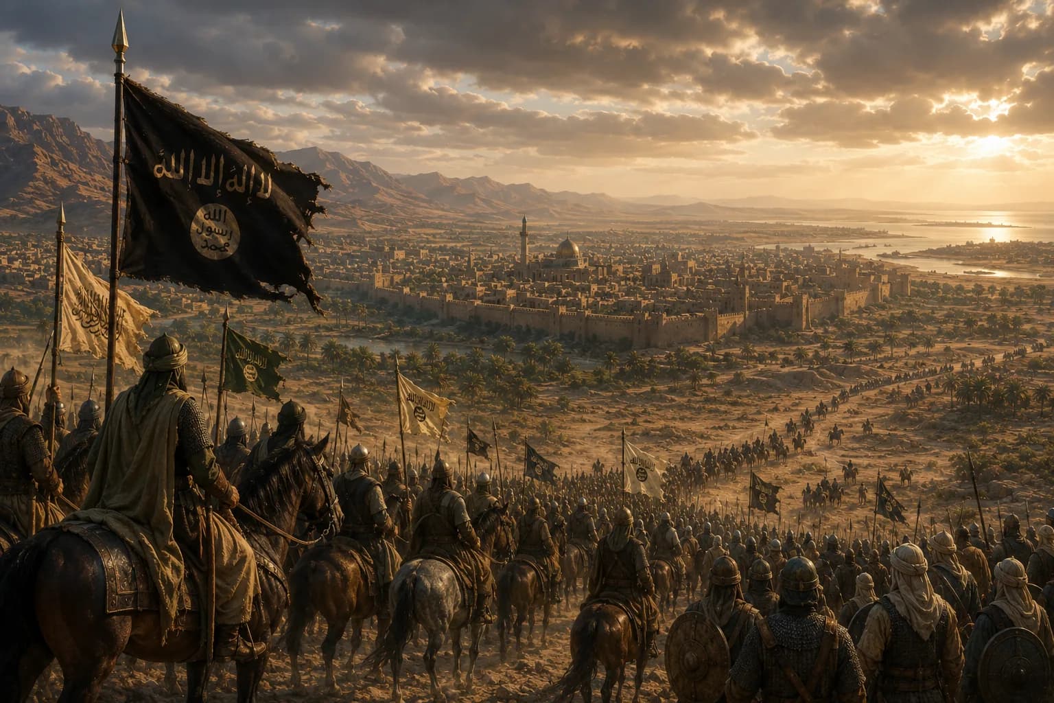 Early Muslim armies overlooking a walled city across a desert landscape at sunrise.