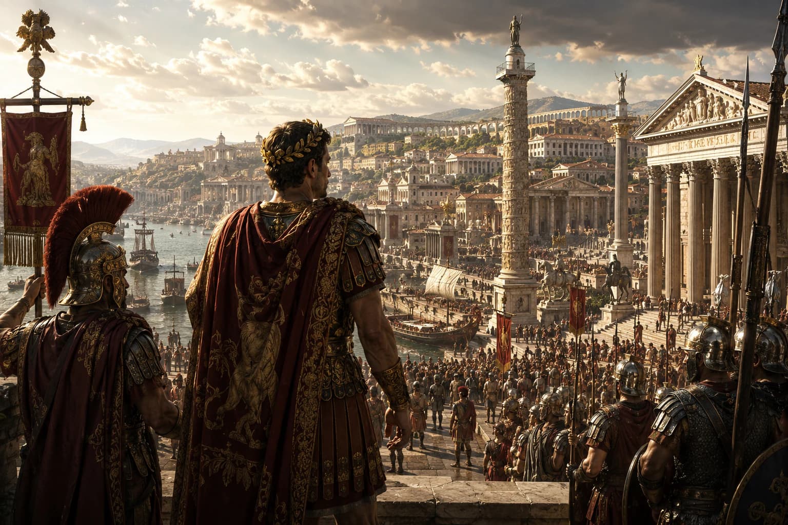 The Roman Empire at its height, with imperial architecture, roads, soldiers and Mediterranean trade.