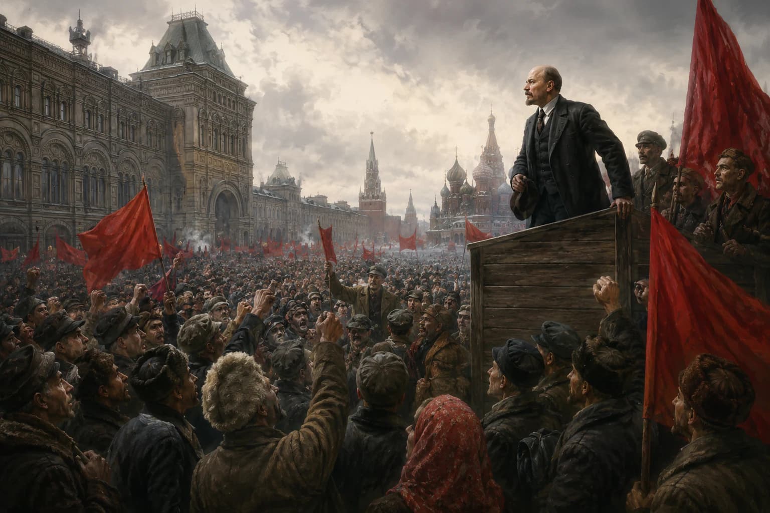 Crowds and armed workers in Petrograd during the Russian Revolution of 1917.