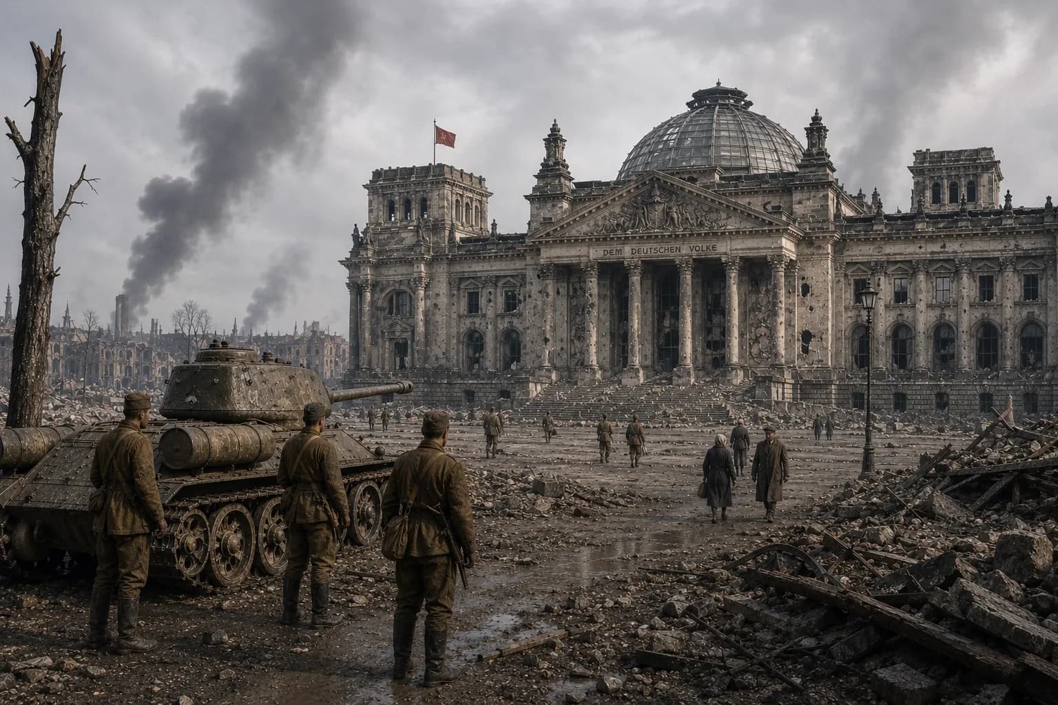 Second World War battlefield at dusk with soldiers, aircraft, smoke and ruined cities.