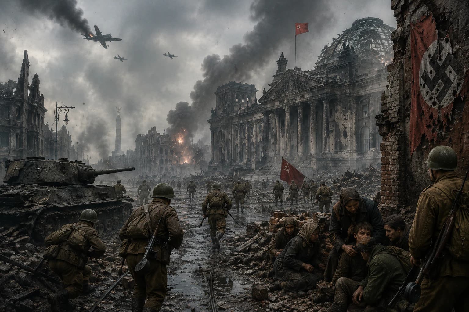 Second World War battlefield at dusk with soldiers, aircraft, smoke and ruined cities.