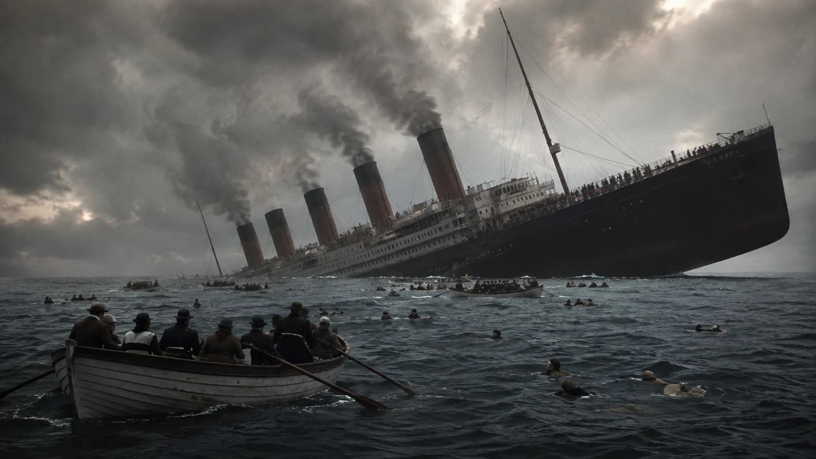 The RMS Lusitania sinking in the Atlantic as lifeboats and survivors struggle in rough water