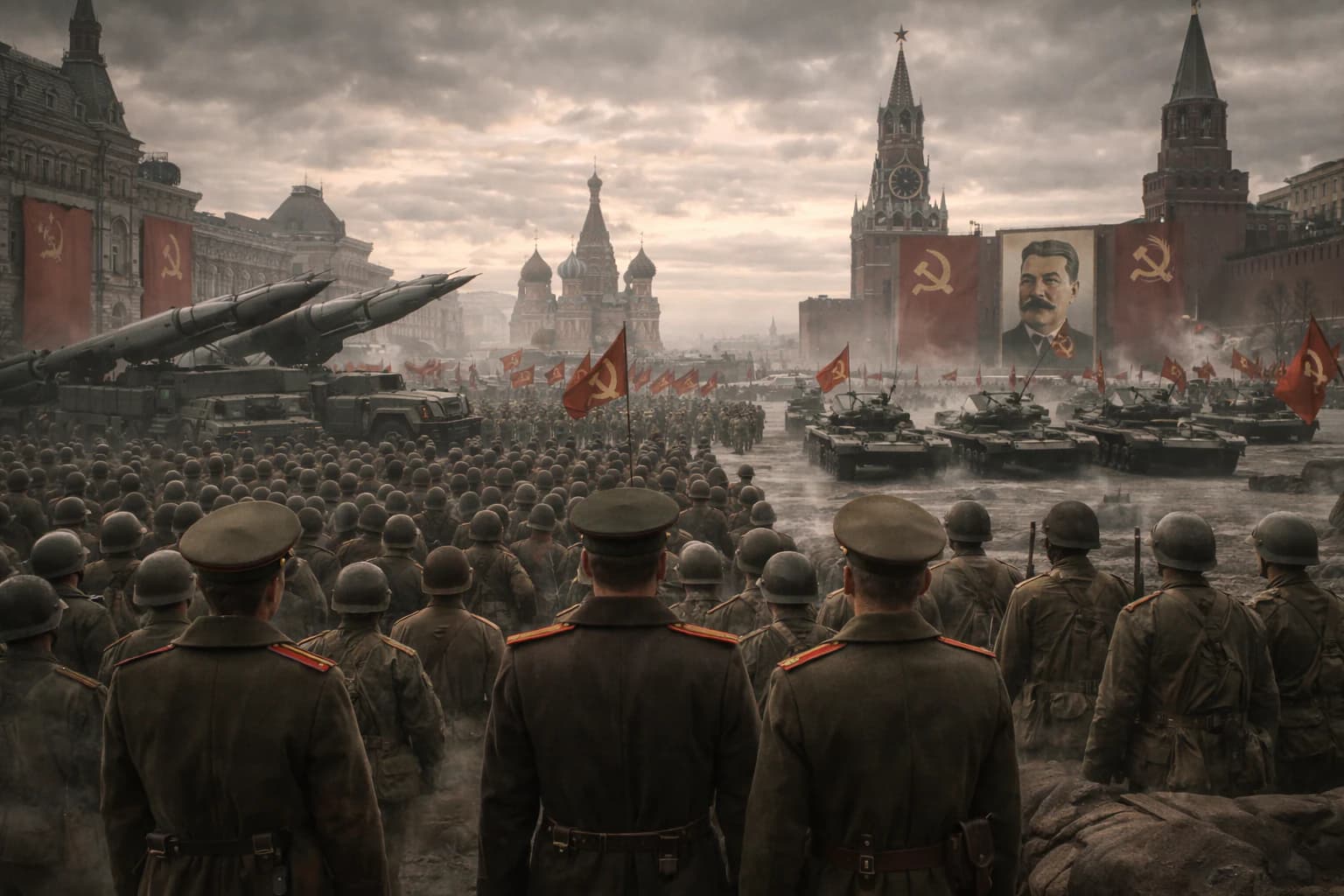 Soviet military parade in Moscow with red banners, soldiers and armoured vehicles.