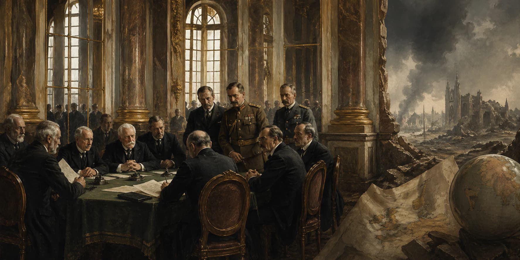 Delegates signing the Treaty of Versailles in the Hall of Mirrors in June 1919, watched by silent Allied officials as Germany's representatives took their seats