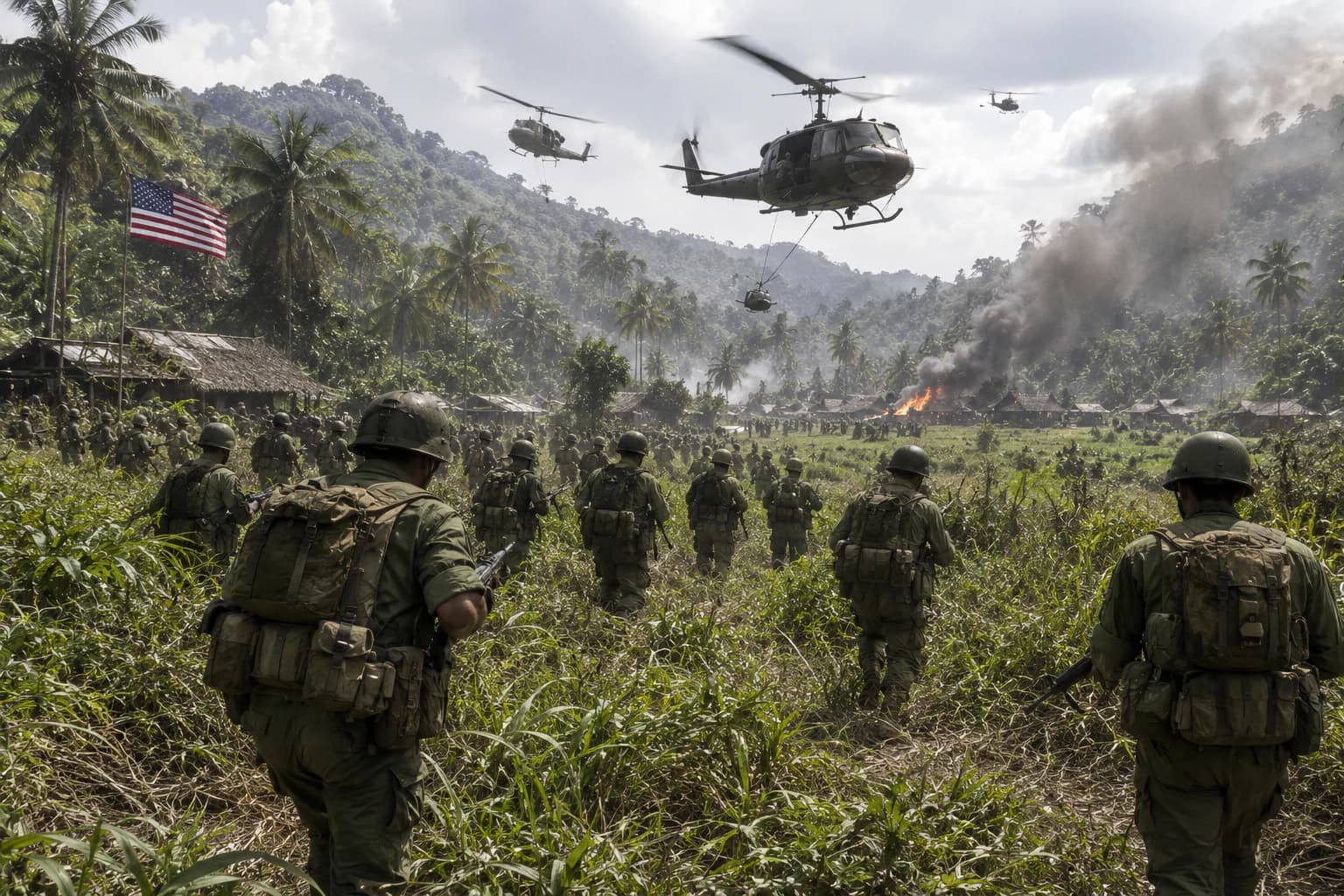 American soldiers arriving in Vietnam as helicopters and jungle warfare define the conflict.
