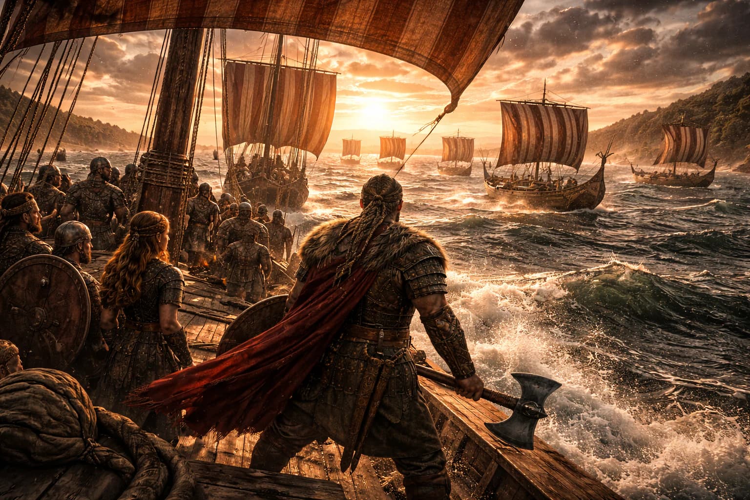 Viking longships crossing rough northern seas toward coastal settlements and trade routes.