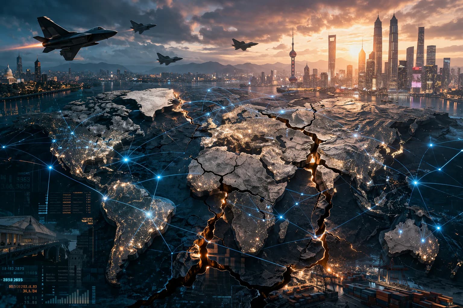 A fractured world map lit by digital networks, military aircraft overhead and rising skylines in Asia