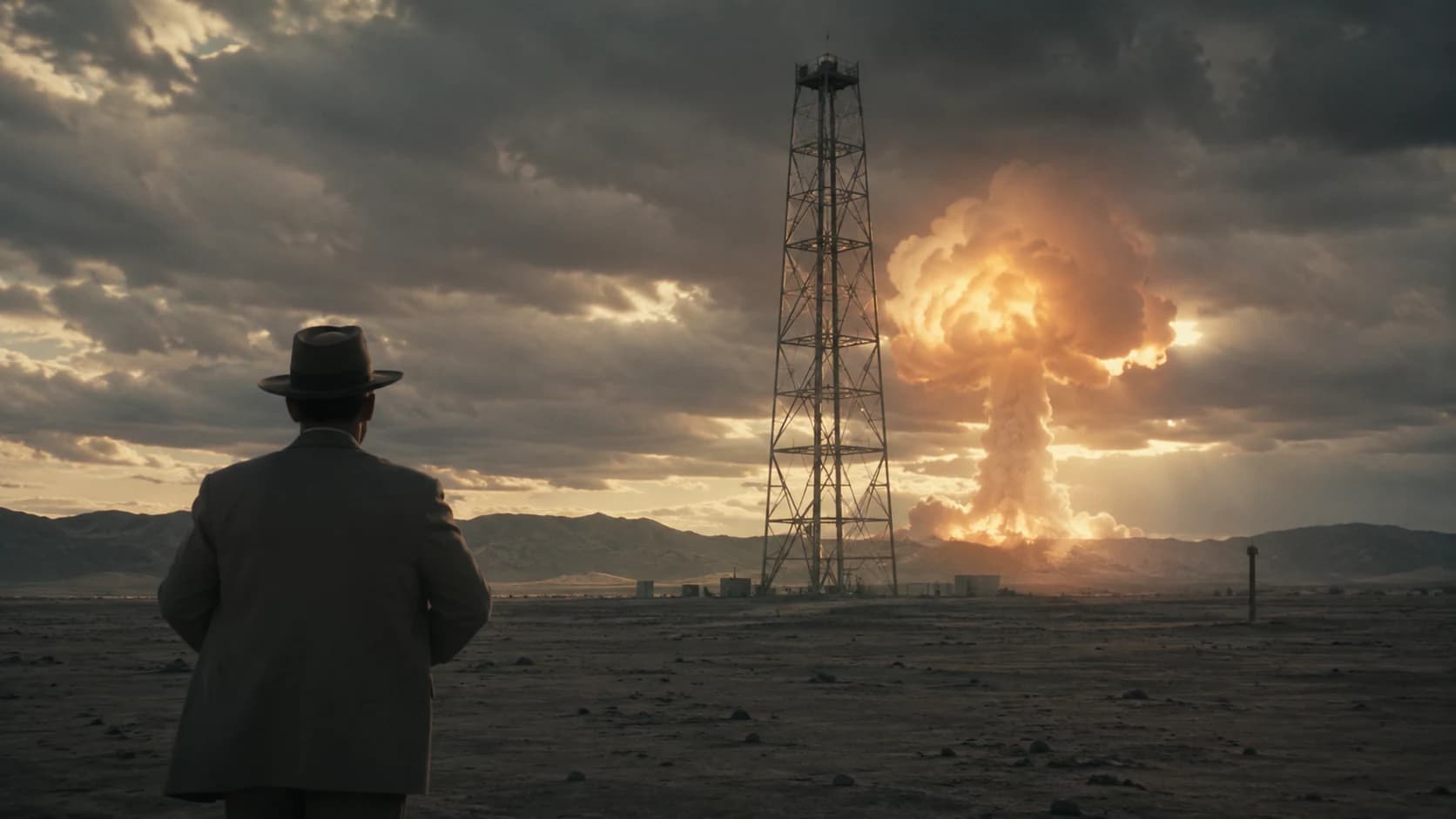 A man watching the Trinity atomic explosion rise over the New Mexico desert
