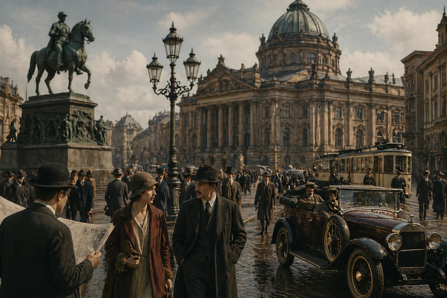 Berlin in the 1920s, with crowds, political tension and the Reichstag in the background