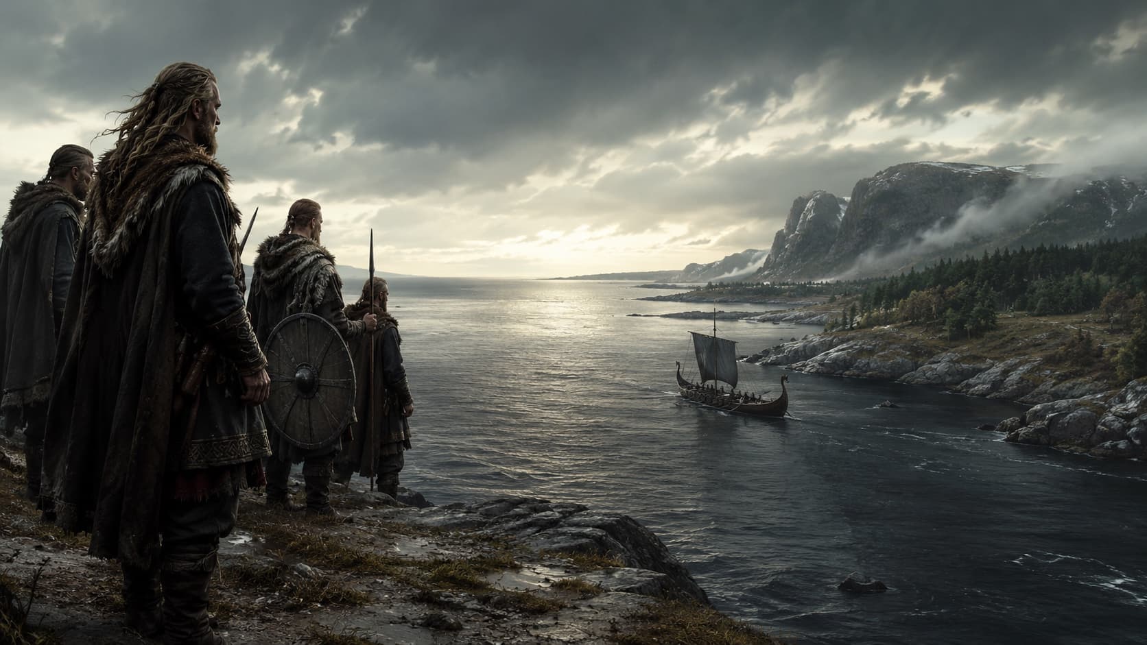 Viking explorers overlooking a rugged North Atlantic coastline as a longship sails below