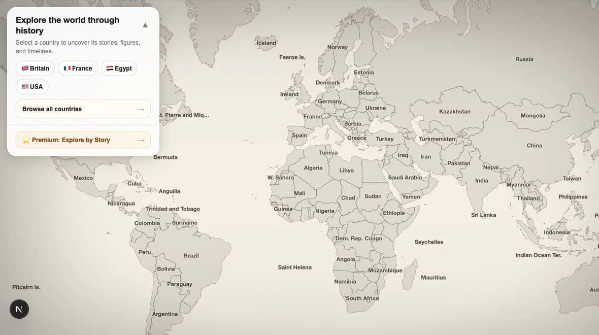 Stories of History country map explorer showing the live map interface