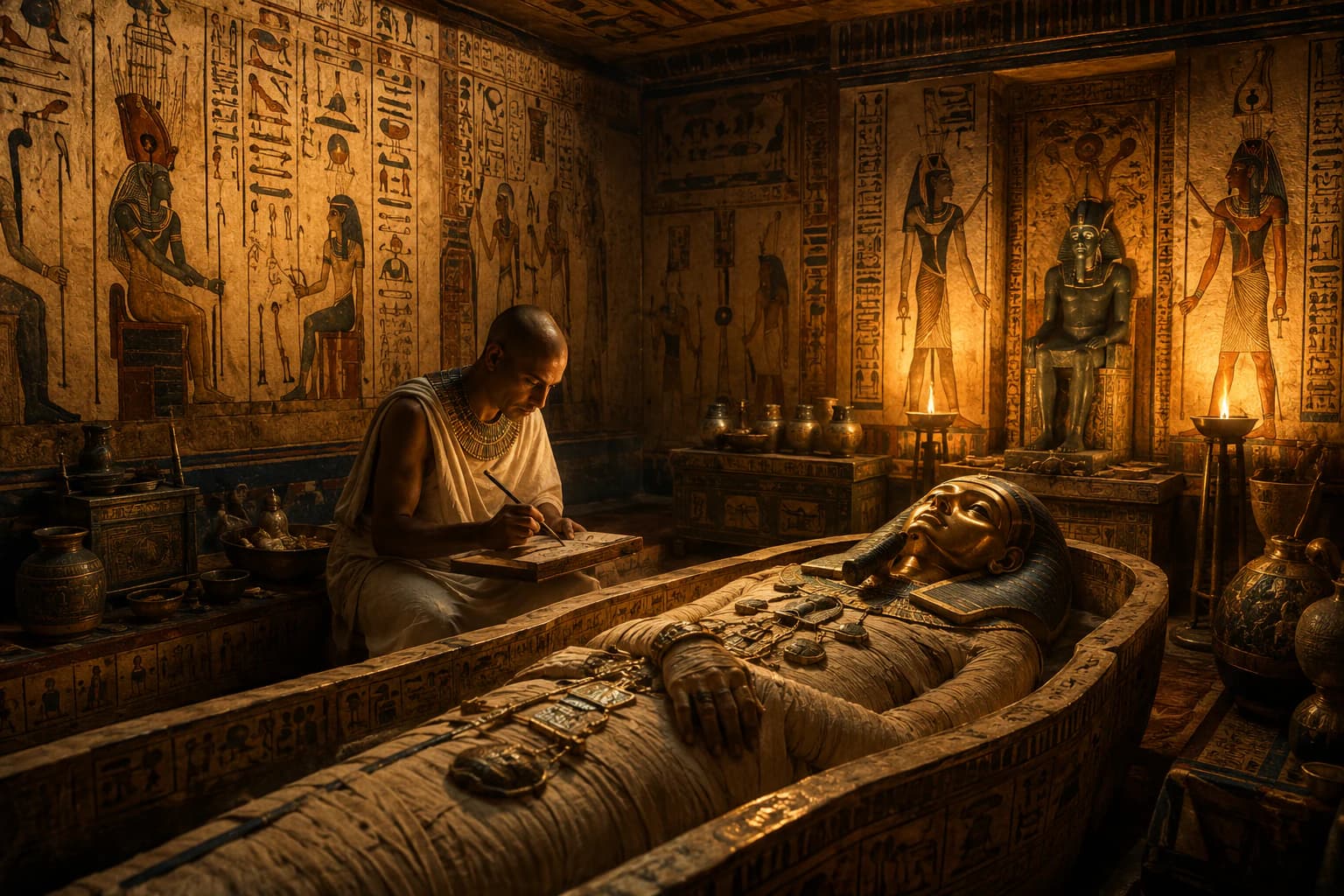 Ancient Egyptian tomb chamber with hieroglyphics, burial goods, and a mummified body prepared for the afterlife.
