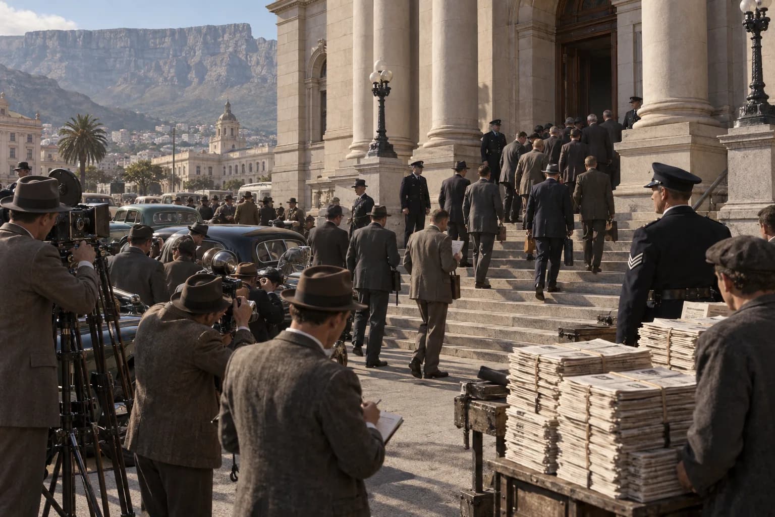 Politicians, reporters, police, and newspaper sellers gather outside a Cape Town government building after the 1948 election.