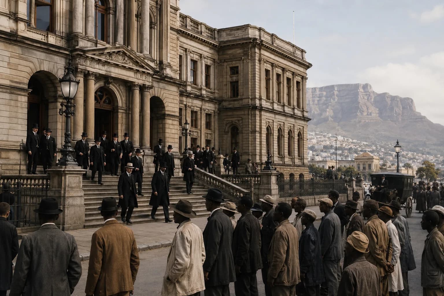 Black South Africans line up outside a Cape Town government building while white officials leave the steps
