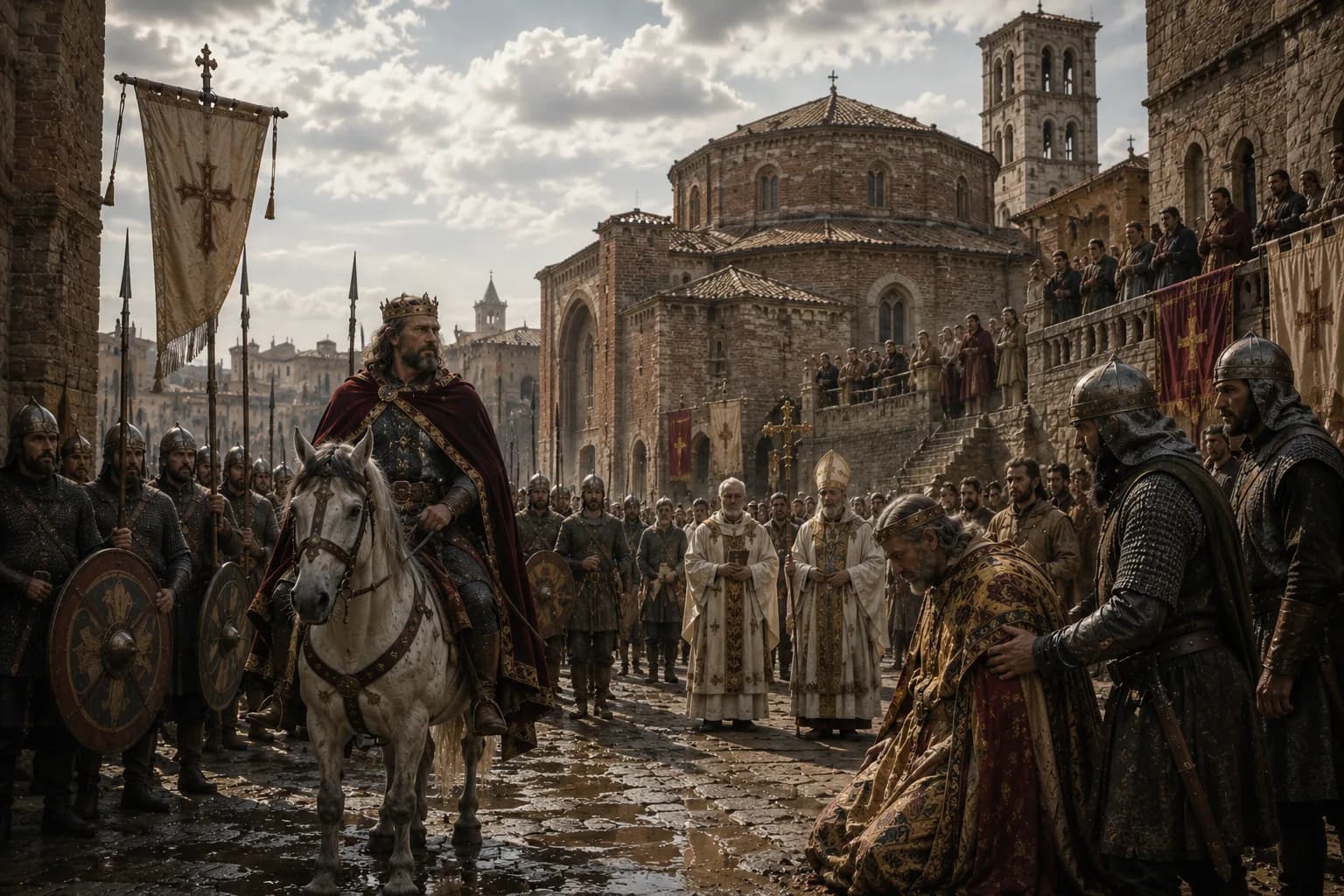 Frankish forces before Pavia as Charlemagne takes the Lombard crown.