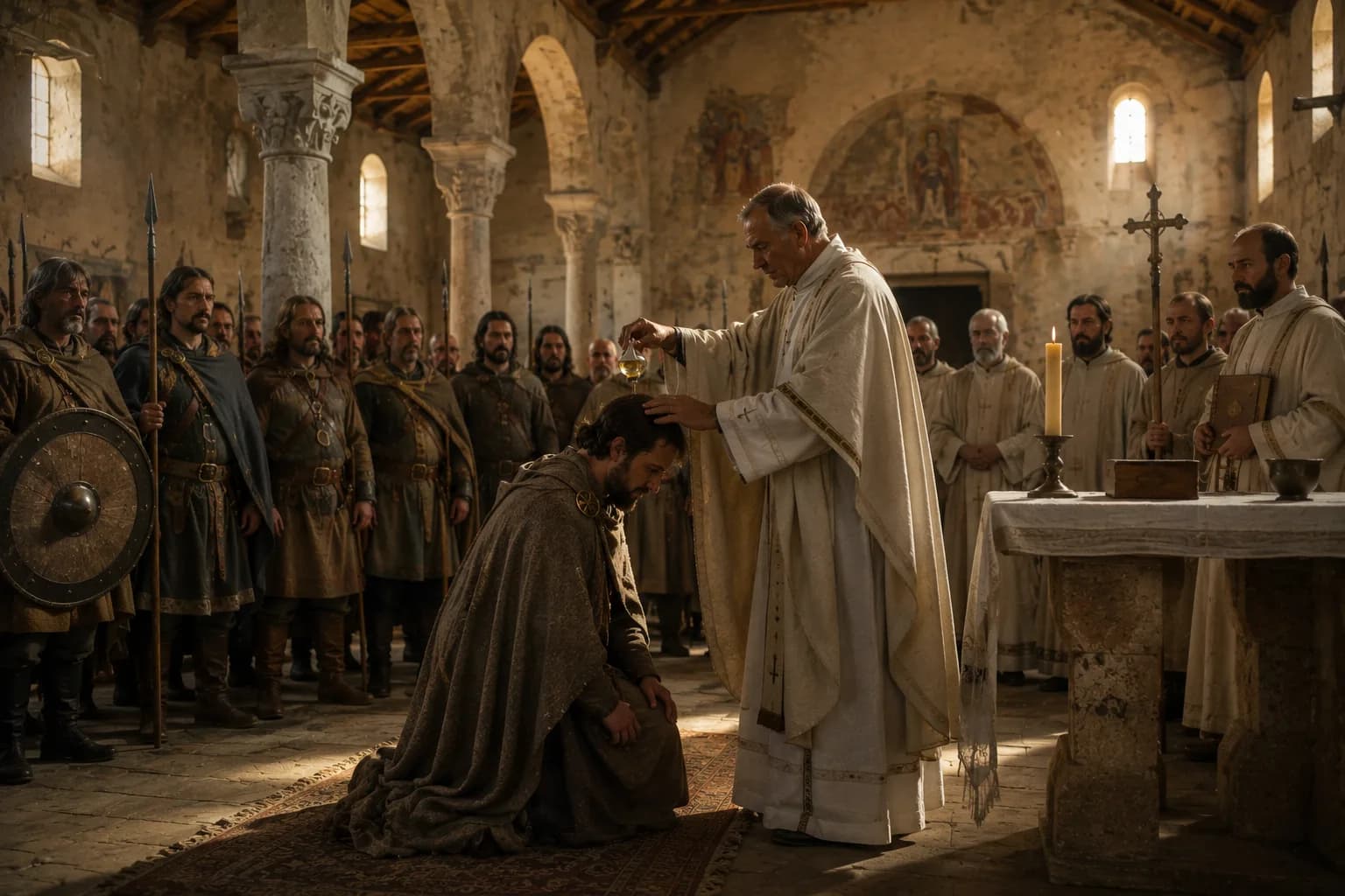 Pepin the Short receiving sacred approval for the Carolingian monarchy.