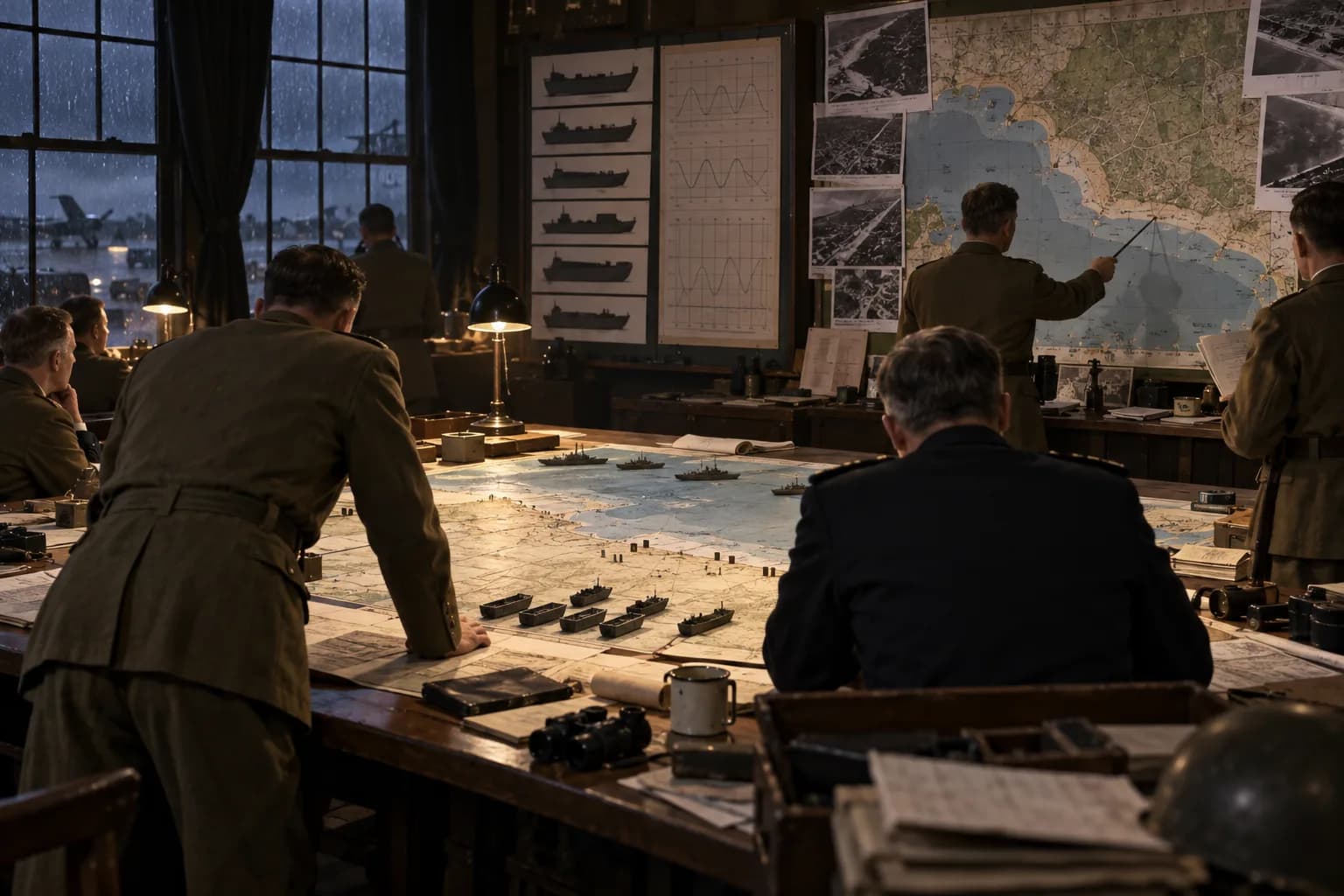 Anonymous Allied planners study Normandy maps, tide charts, model landing craft, and aerial photographs in a rain-darkened headquarters.
