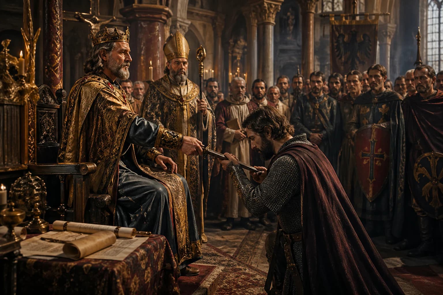 Charlemagne receiving homage from Frankish nobles after becoming sole king.