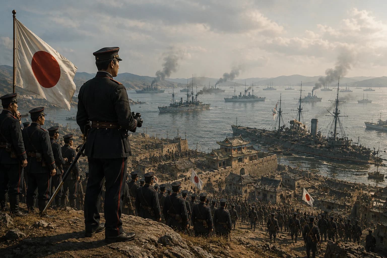 Japanese troops overlooking a harbour after victory in the First Sino-Japanese War.