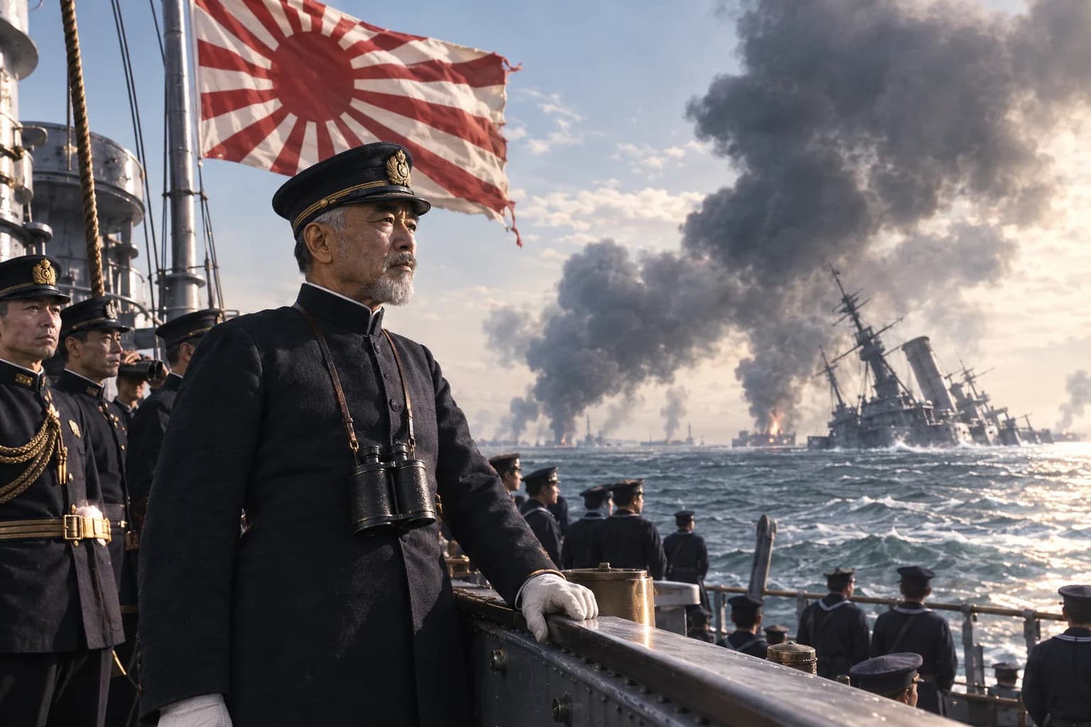 A Japanese admiral watches smoke rise from damaged Russian warships after naval victory.