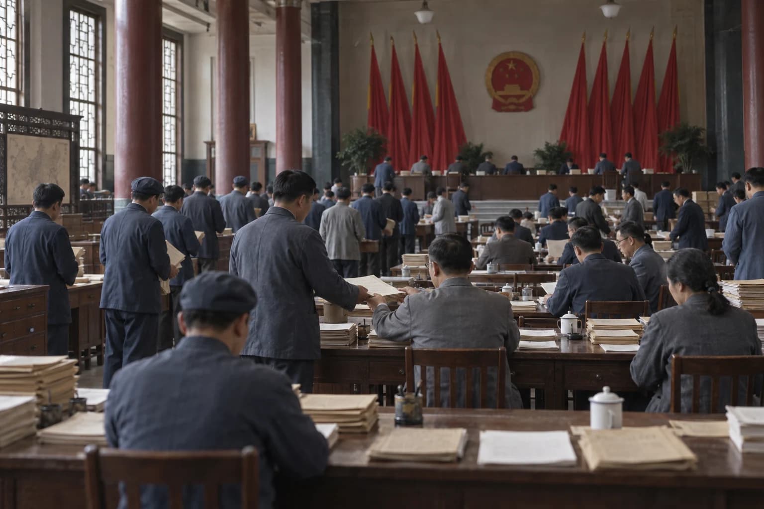 Early People’s Republic officials and clerks process documents in a large government hall beneath red flags.