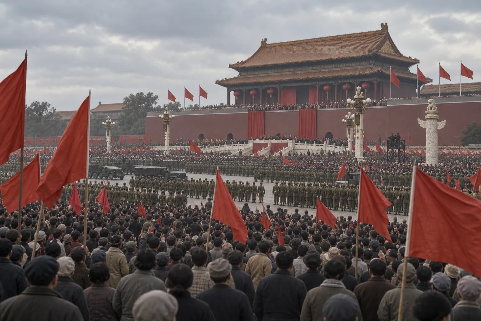 Crowds and uniformed officials gather with red flags near Tiananmen in 1949 as the new Communist state is proclaimed.
