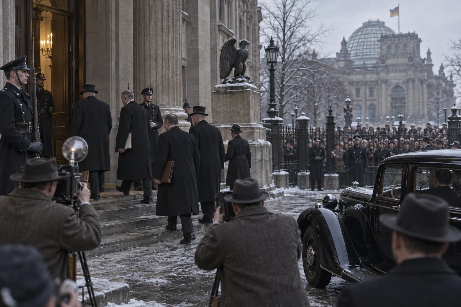 Officials enter the Reich Chancellery in winter 1933 as police, press, and crowds gather outside.