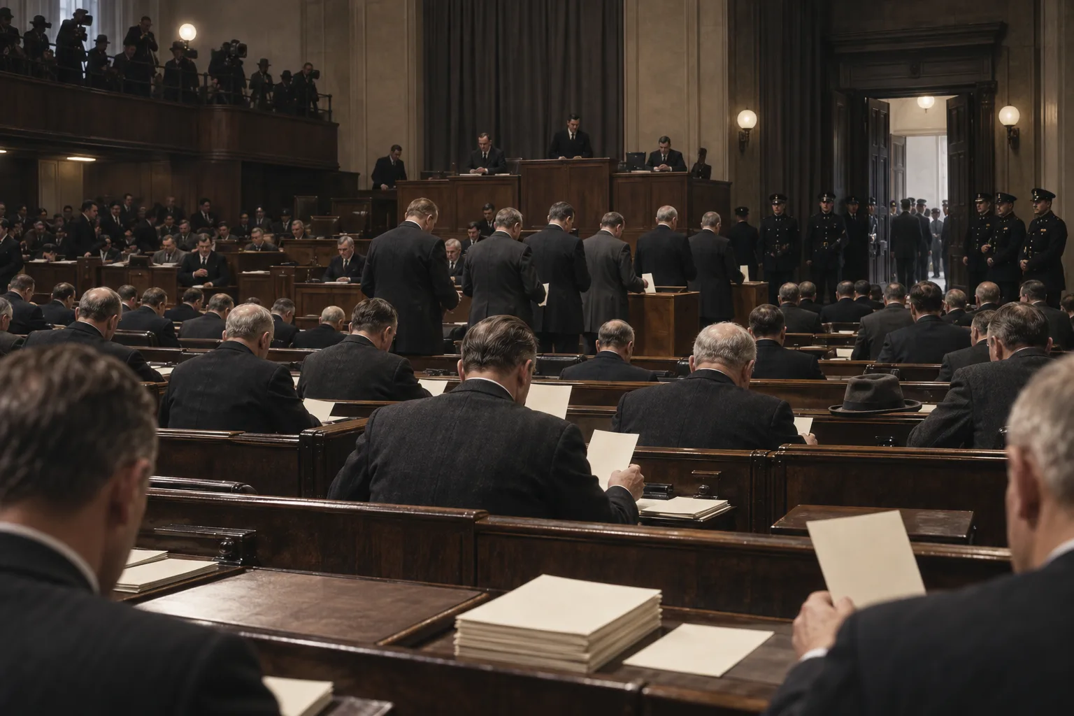 Lawmakers hold blank ballot papers in a tense 1933 German parliamentary hall while police stand at the doors.