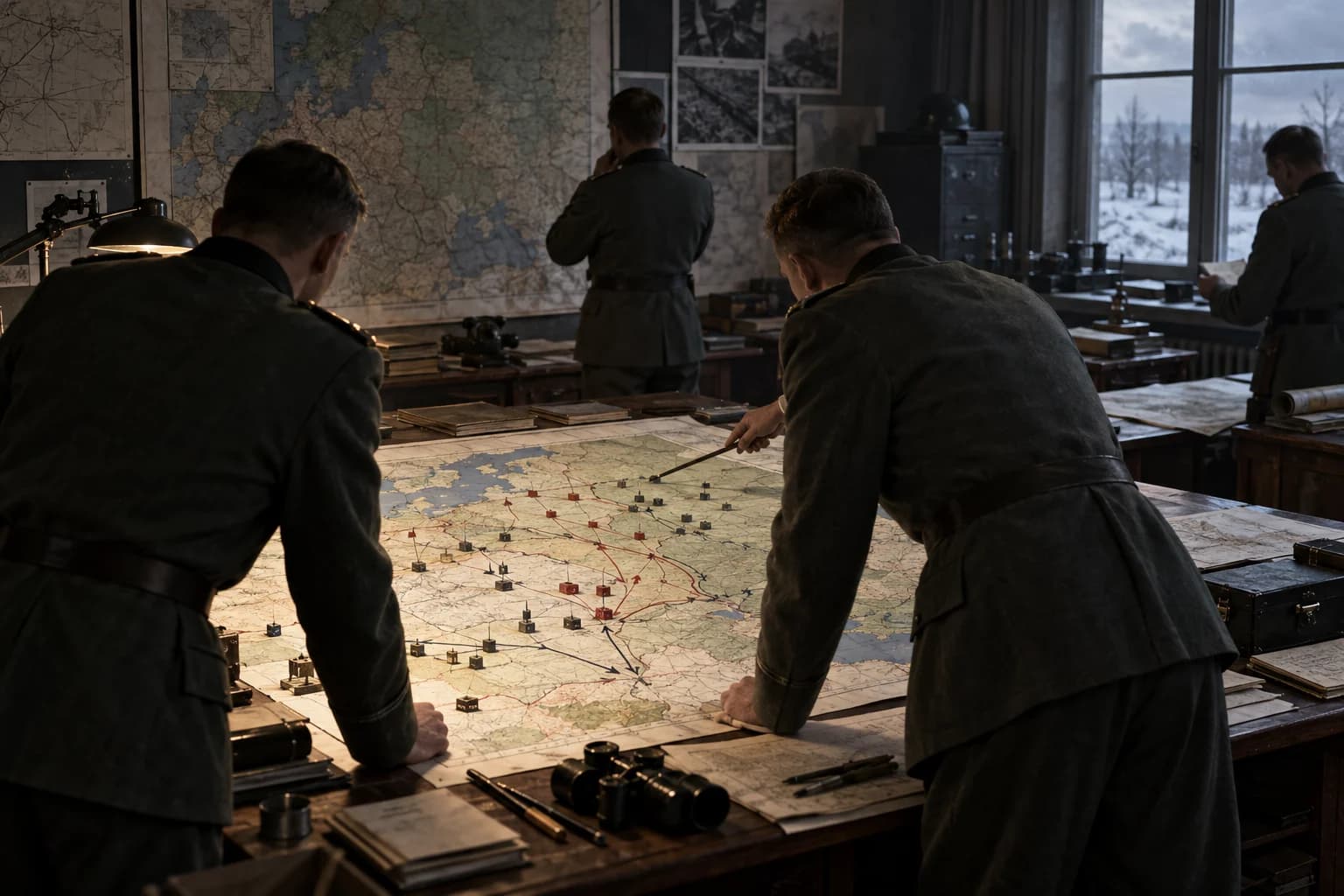 Anonymous officers study invasion routes and troop markers across a large Eastern Europe map in a winter headquarters room.
