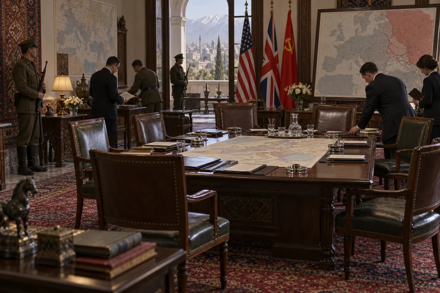 Aides prepare a guarded Tehran conference room with maps, empty chairs, and Allied flags before high-level negotiations.