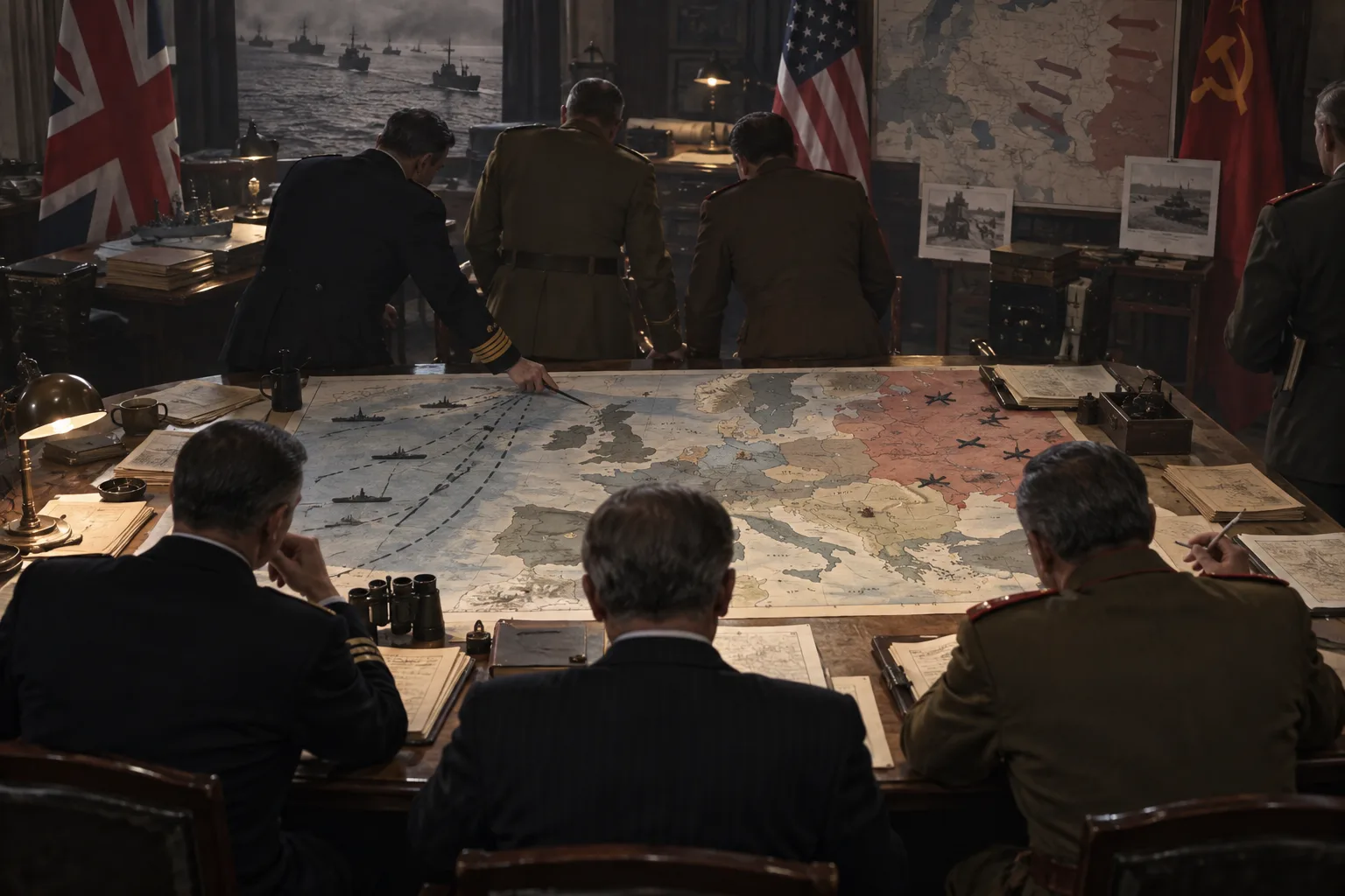 Anonymous Allied officers and diplomats lean over a Europe map in a dim wartime planning room.