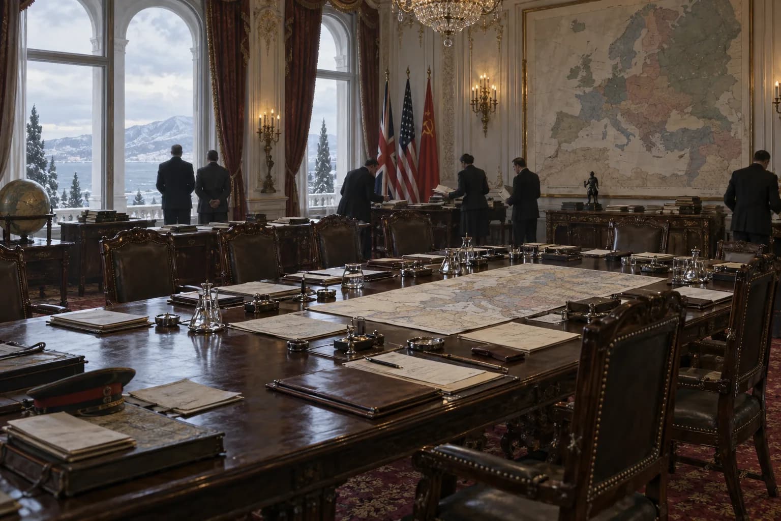 Aides arrange maps and documents in a Yalta conference room while the snowy Crimean coast shows through tall windows.