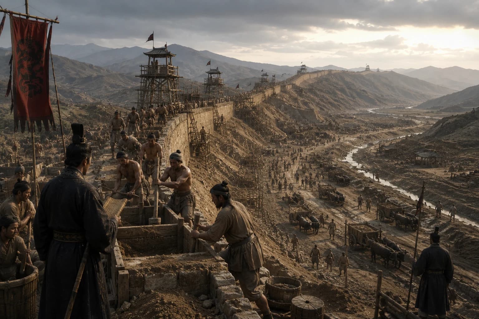 Labourers and officials building Qin frontier fortifications across a mountainous landscape.