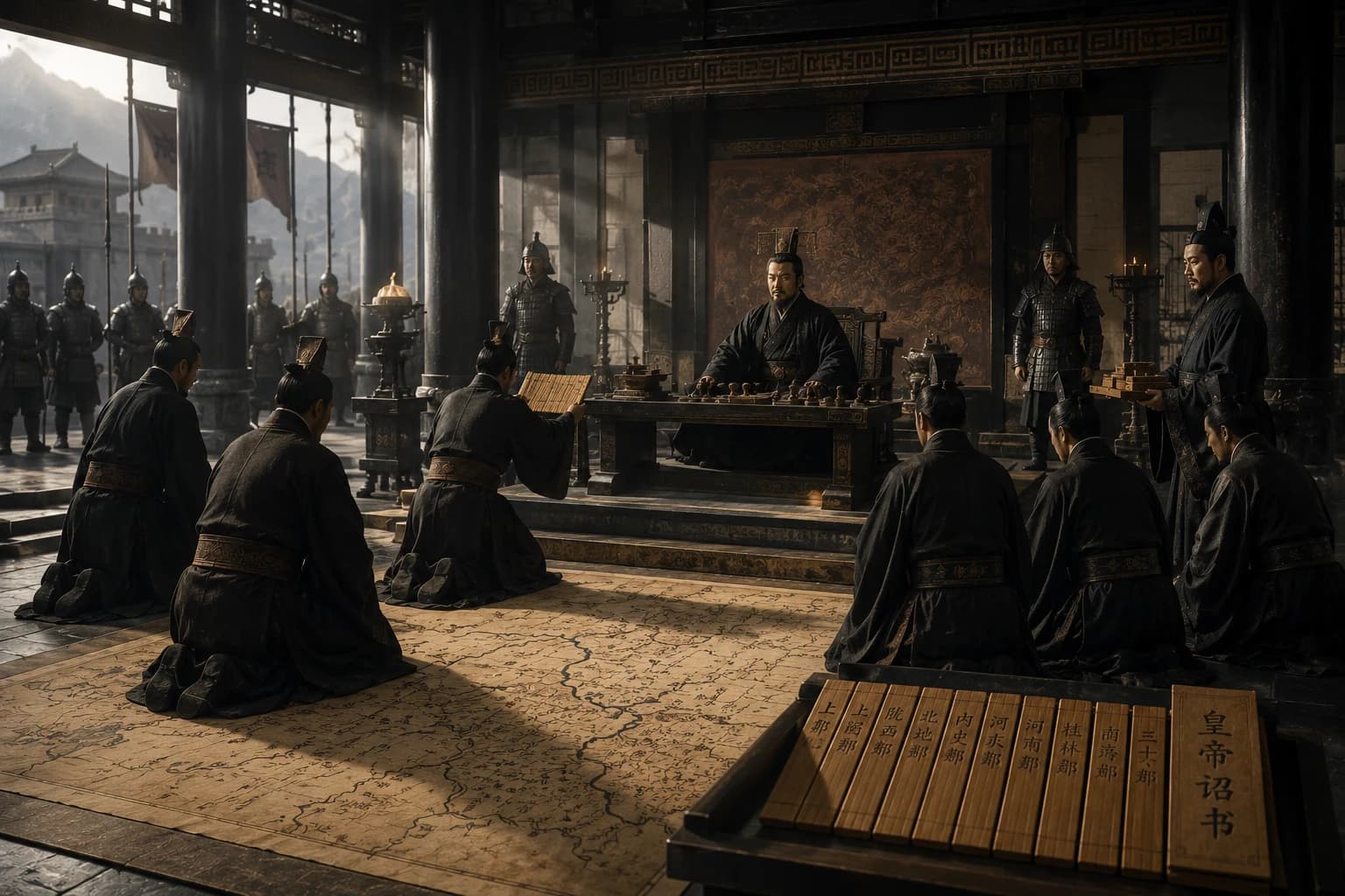 Qin Shi Huang receiving officials in a dark imperial hall with maps and administrative records laid before him.