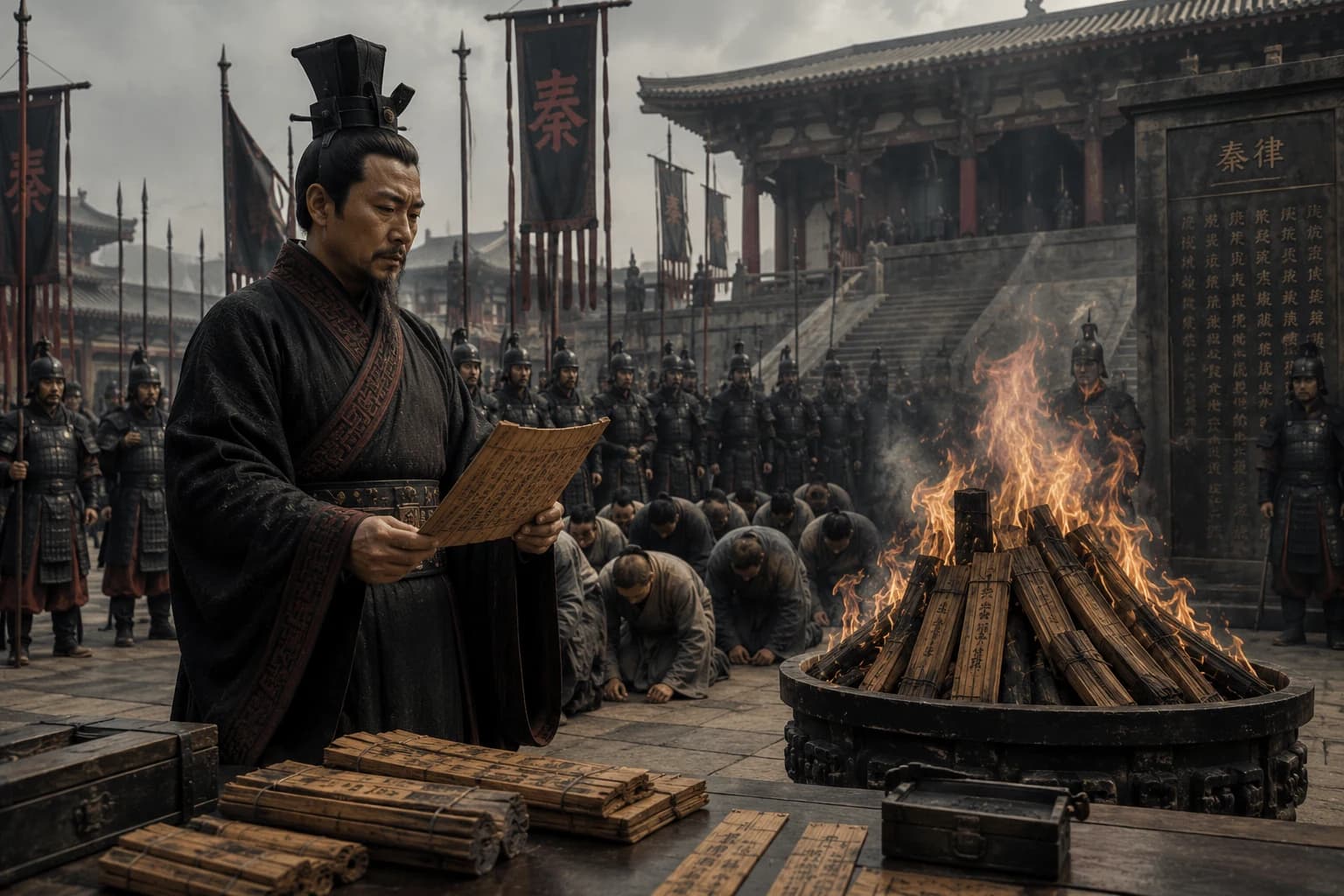 A Qin official reading an imperial order beside burning bamboo books, soldiers, and kneeling subjects.