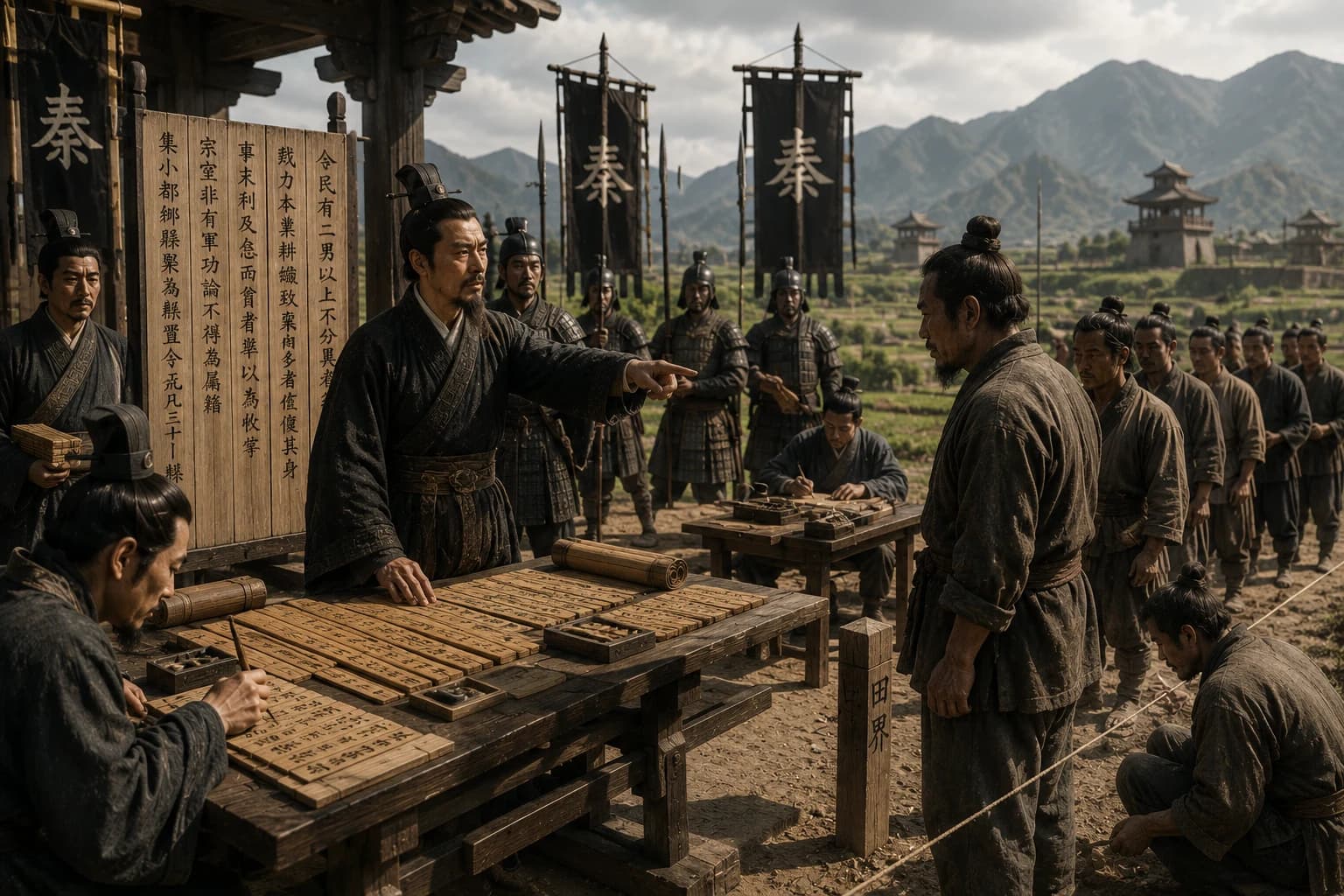 Shang Yang announcing Legalist reforms as officials record land boundaries and Qin soldiers supervise registration.