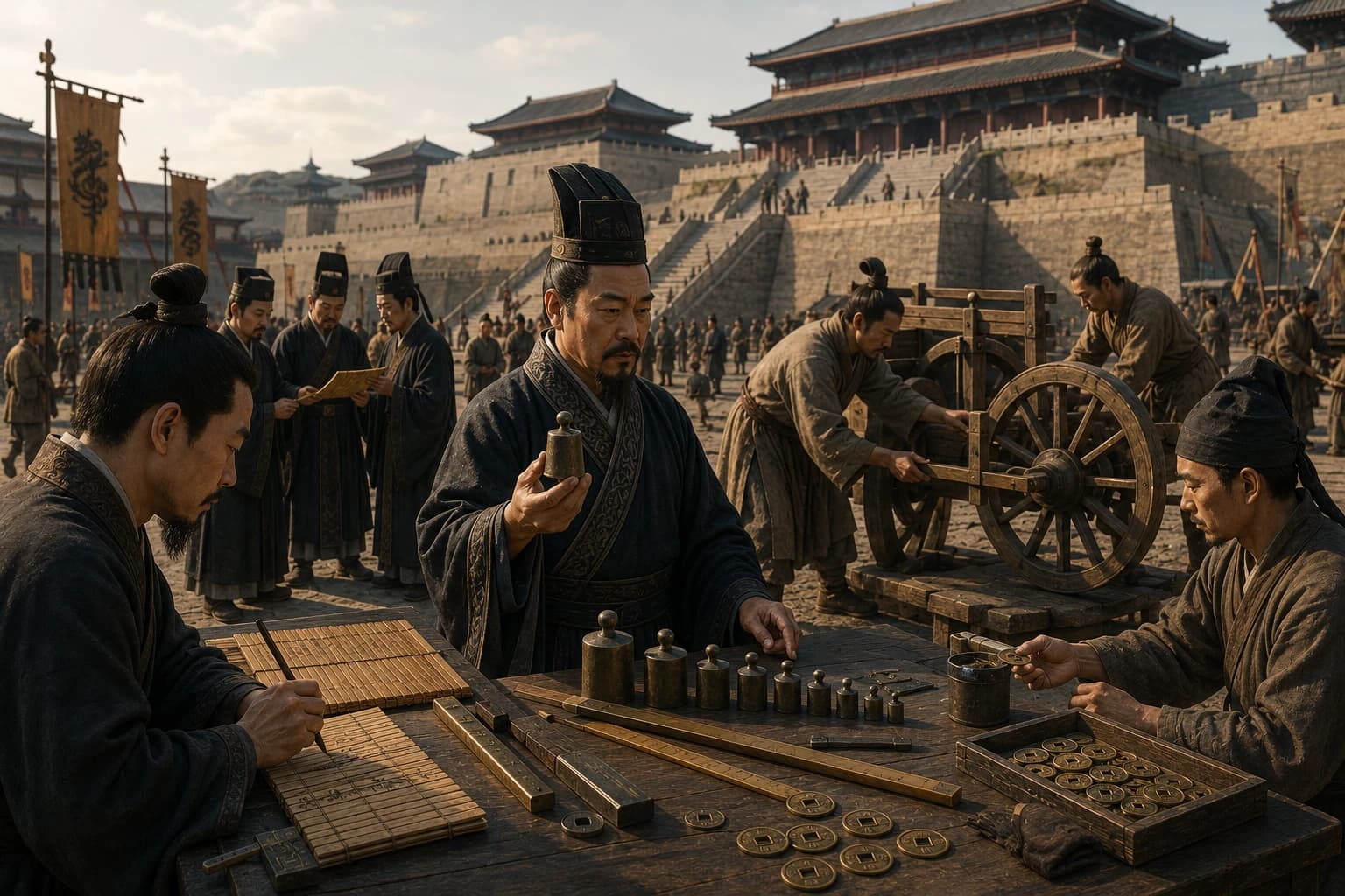 Qin officials standardising weights, measures, coins, writing tablets, and cart axle widths in an imperial courtyard.