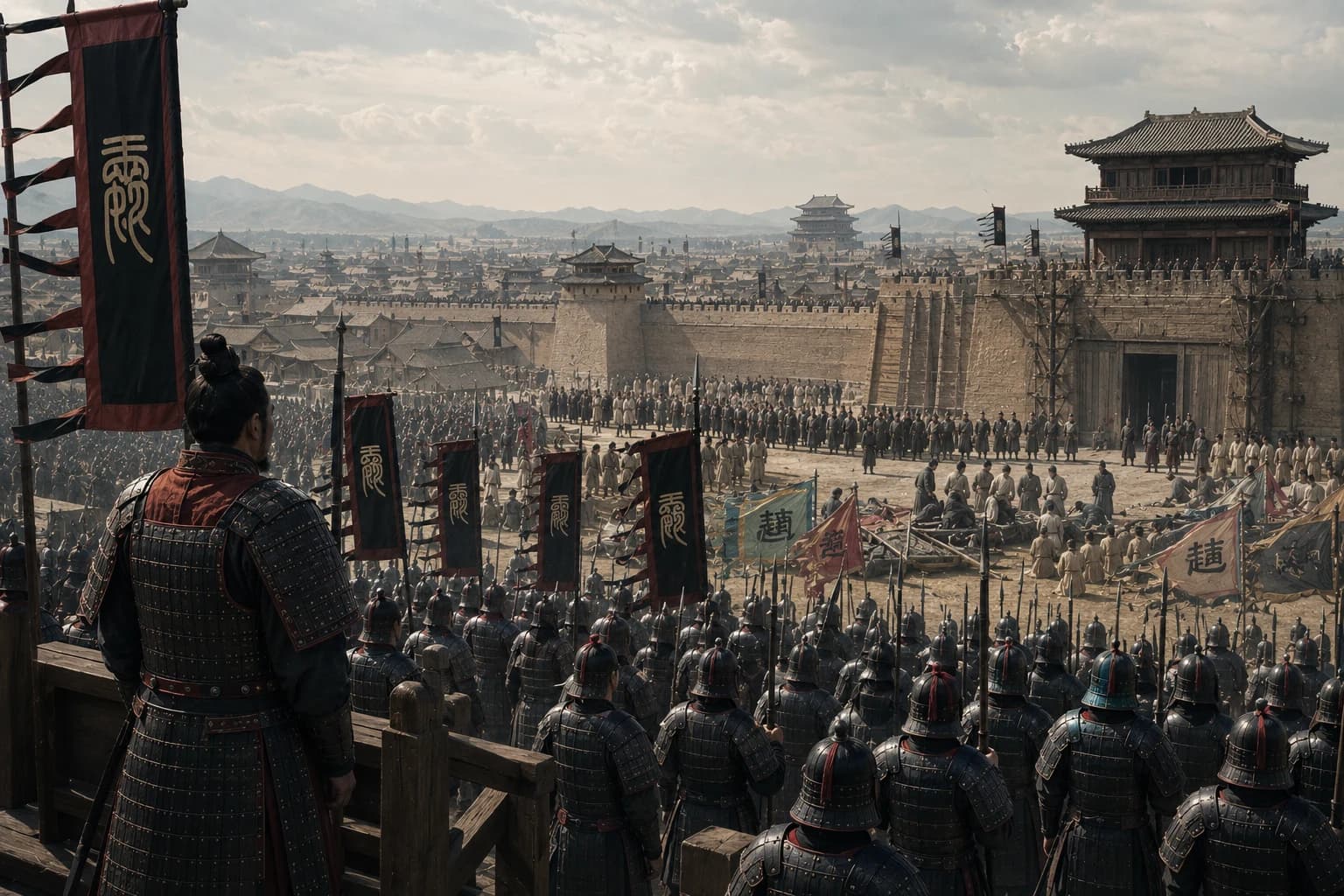 Qin soldiers overseeing the surrender of a rival walled city during the final conquest of the Warring States.