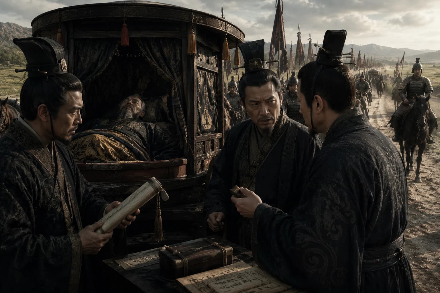 Court officials conferring beside Qin Shi Huang's carriage after the emperor's death during an imperial journey.
