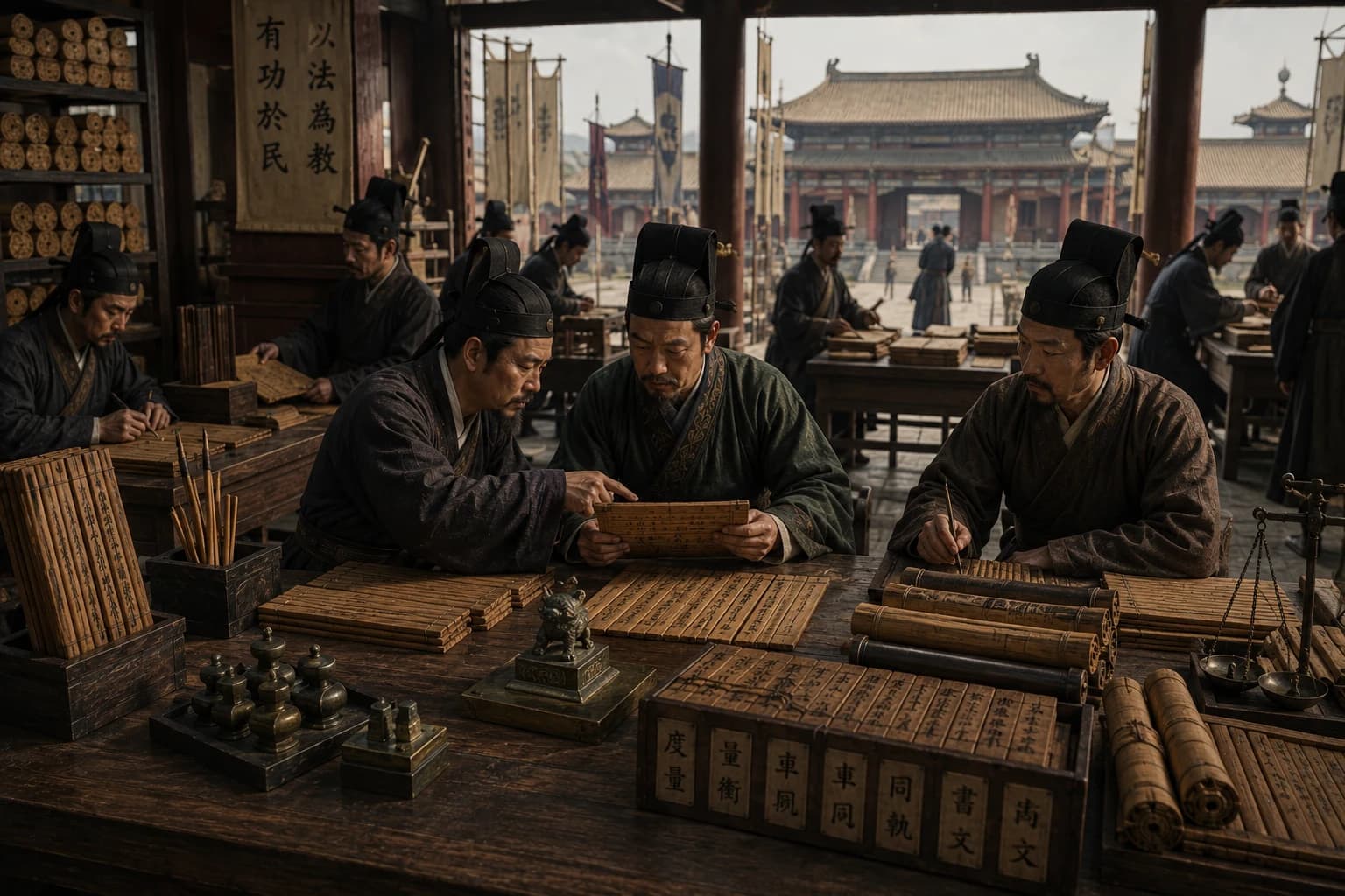 Han-era officials studying bamboo records, weights, writing standards, and administrative tools inherited from Qin unification.