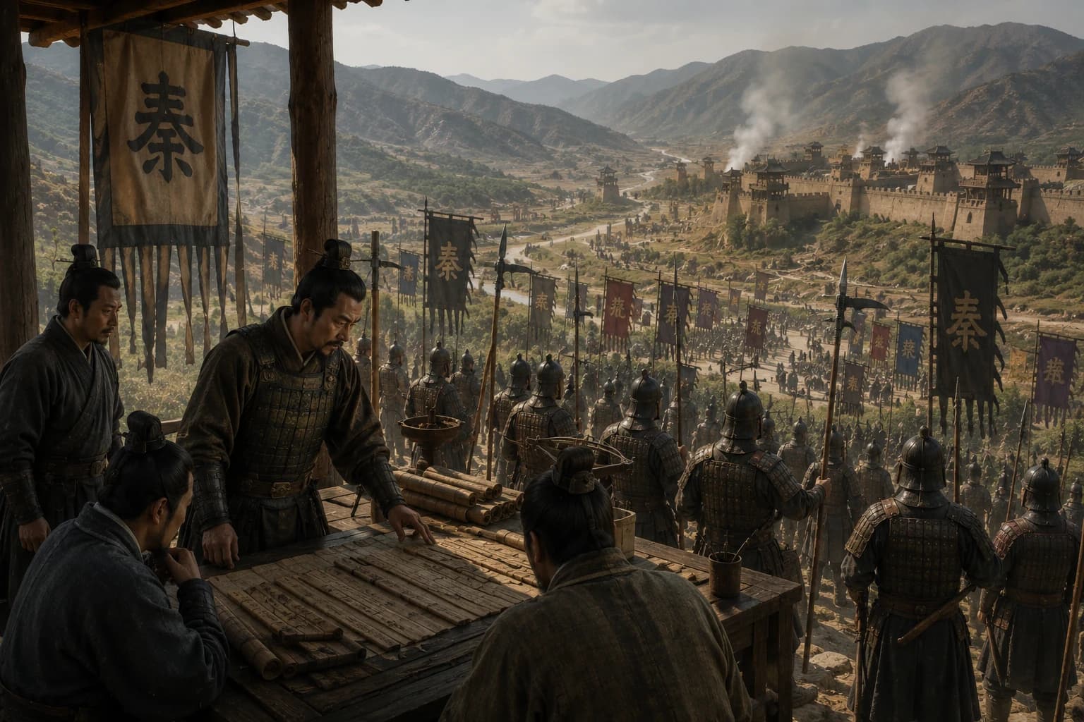 Qin officers looking across a fortified Warring States landscape filled with armies, banners, and rival strongholds.