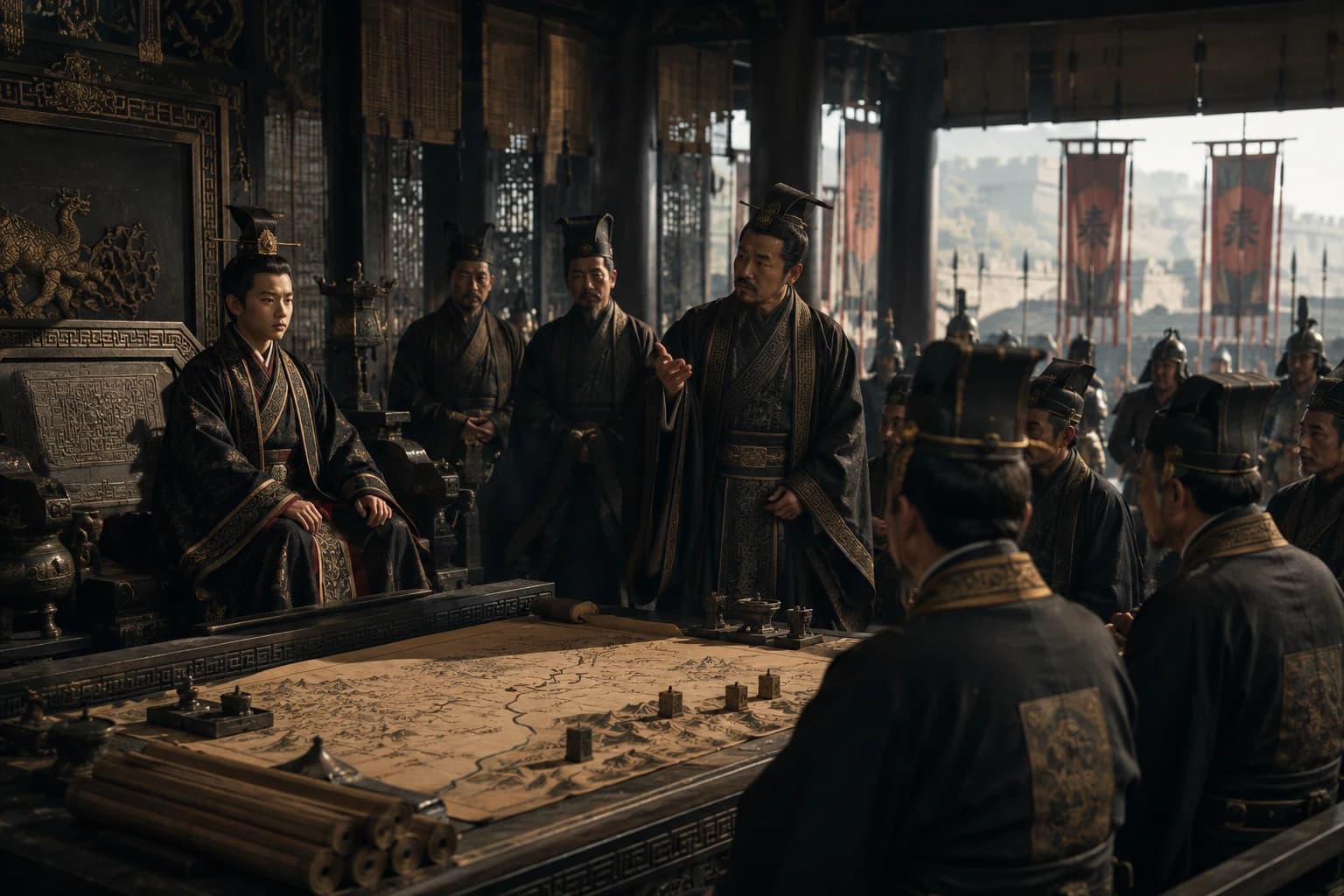 The young King Zheng seated in the Qin court as senior officials discuss maps and policy around him.