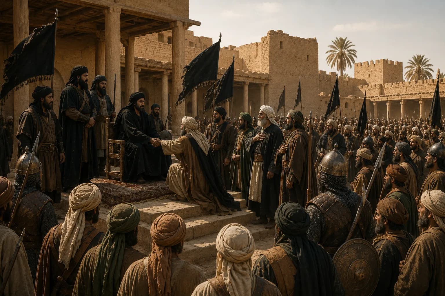 Abbasid supporters carrying black banners as a new ruler receives allegiance after the overthrow of Umayyad power.